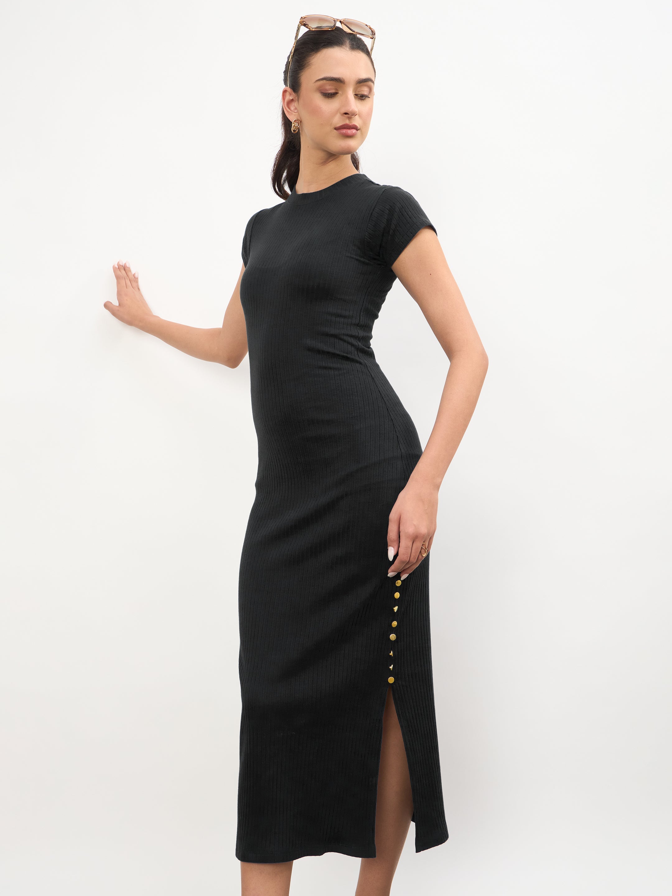 Women Black Rib Short Sleeves Bodycon Midi Dress
