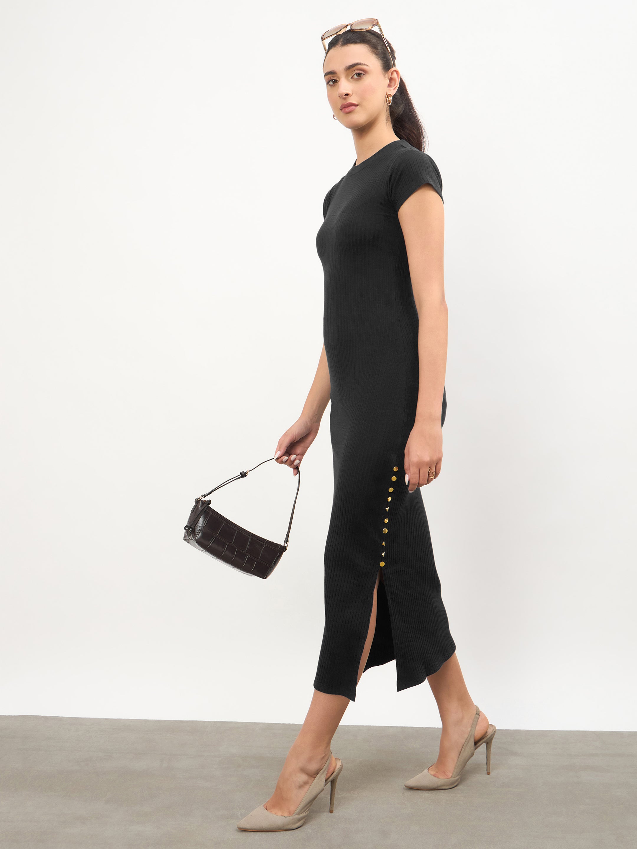 Women Black Rib Short Sleeves Bodycon Midi Dress