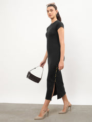 Women Black Rib Short Sleeves Bodycon Midi Dress