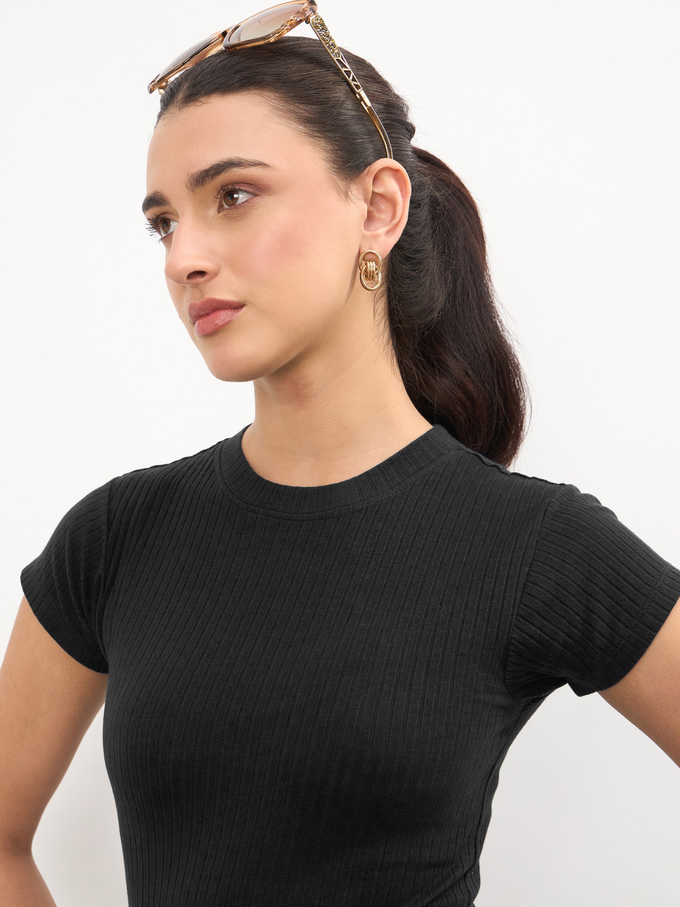 Women Black Rib Short Sleeves Bodycon Midi Dress