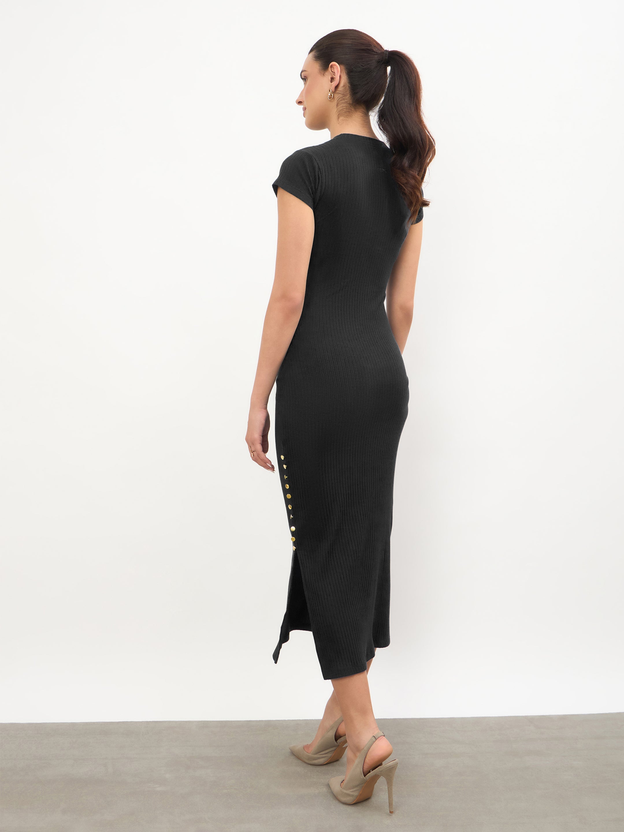 Women Black Rib Short Sleeves Bodycon Midi Dress