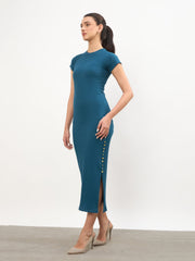 Women Teal Rib Short Sleeves Bodycon Midi Dress