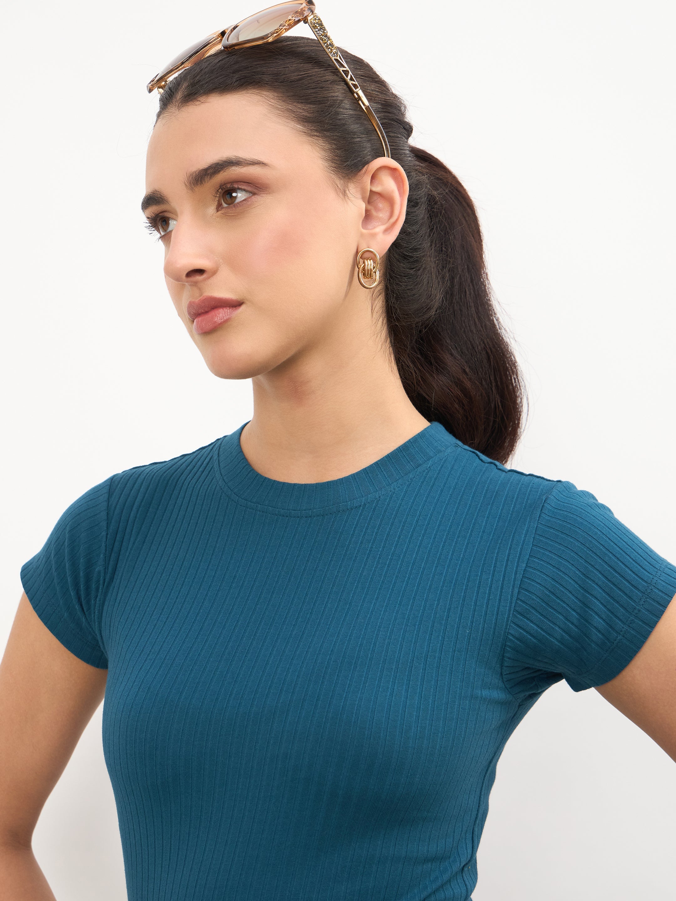 Women Teal Rib Short Sleeves Bodycon Midi Dress