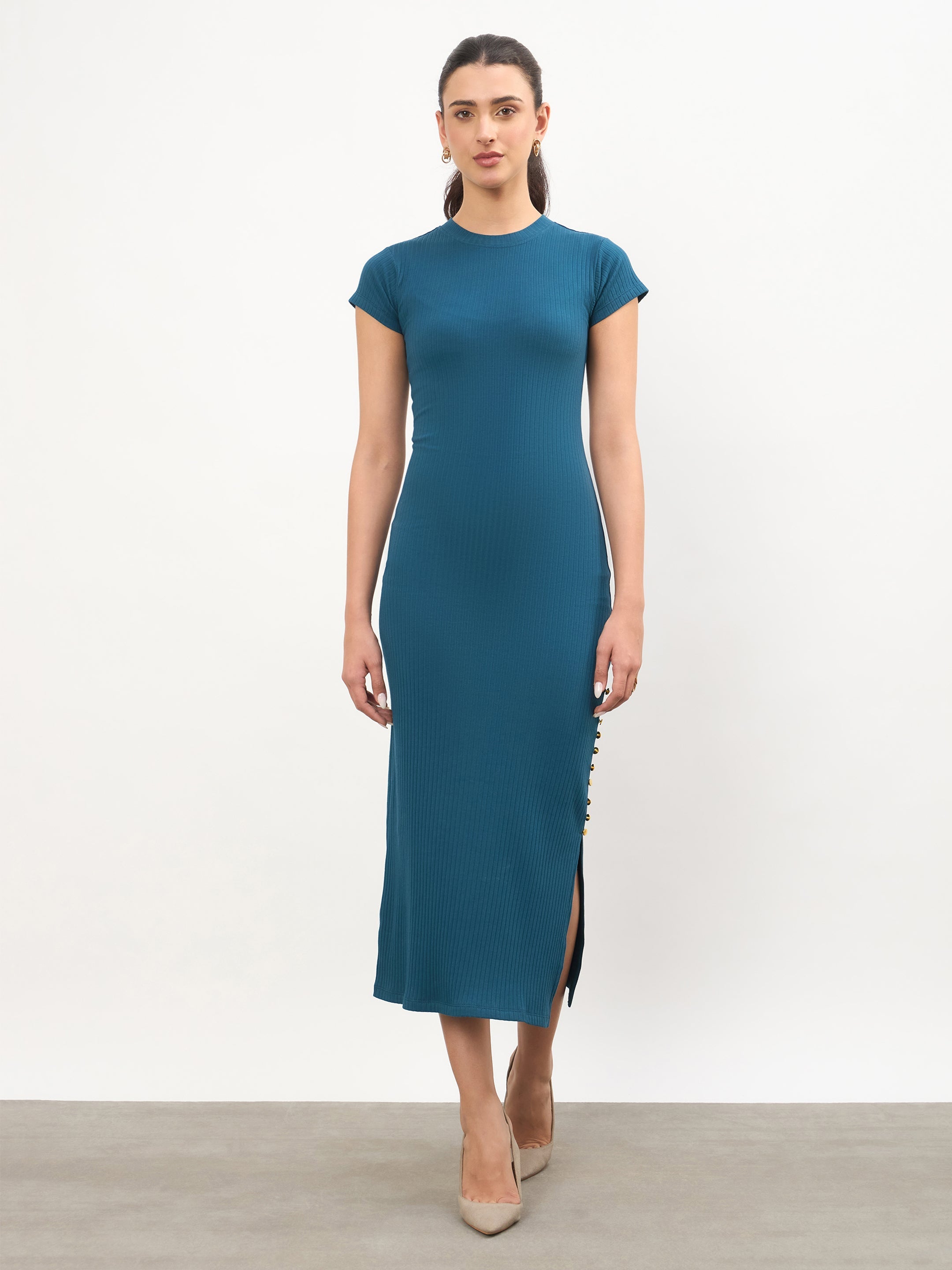 Women Teal Rib Short Sleeves Bodycon Midi Dress