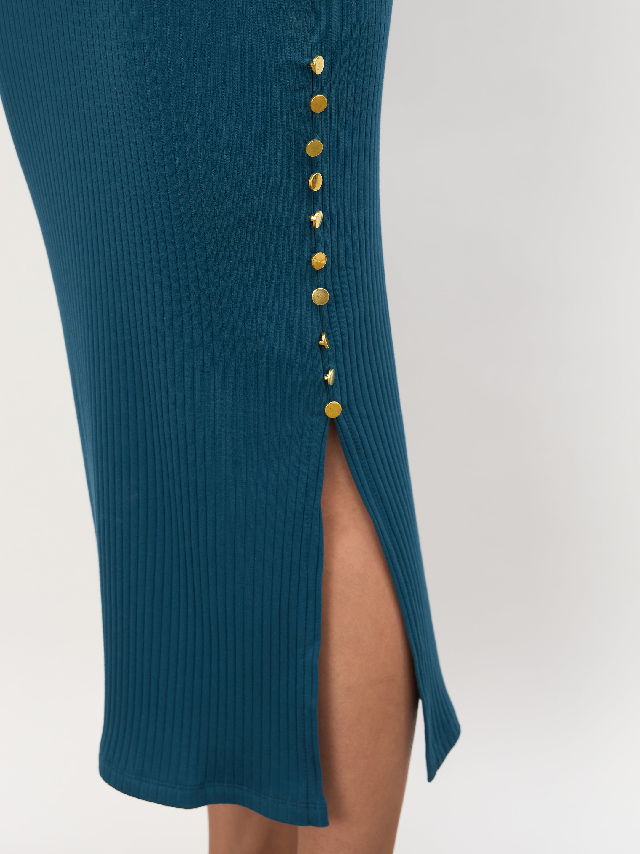 Women Teal Rib Short Sleeves Bodycon Midi Dress