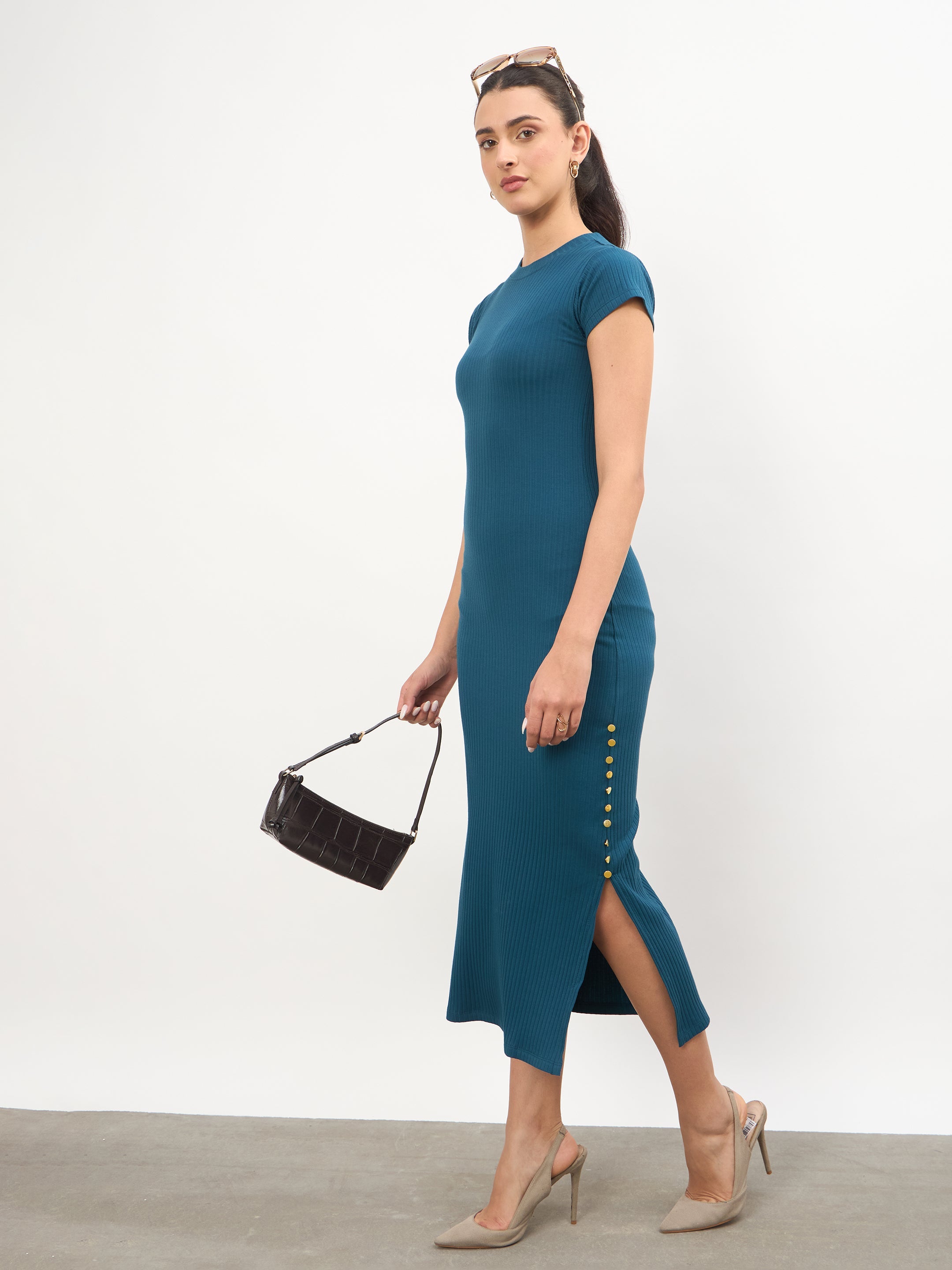 Women Teal Rib Short Sleeves Bodycon Midi Dress