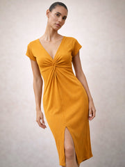 Women Mustard Rib Waist Twisted Bodycon Midi Dress