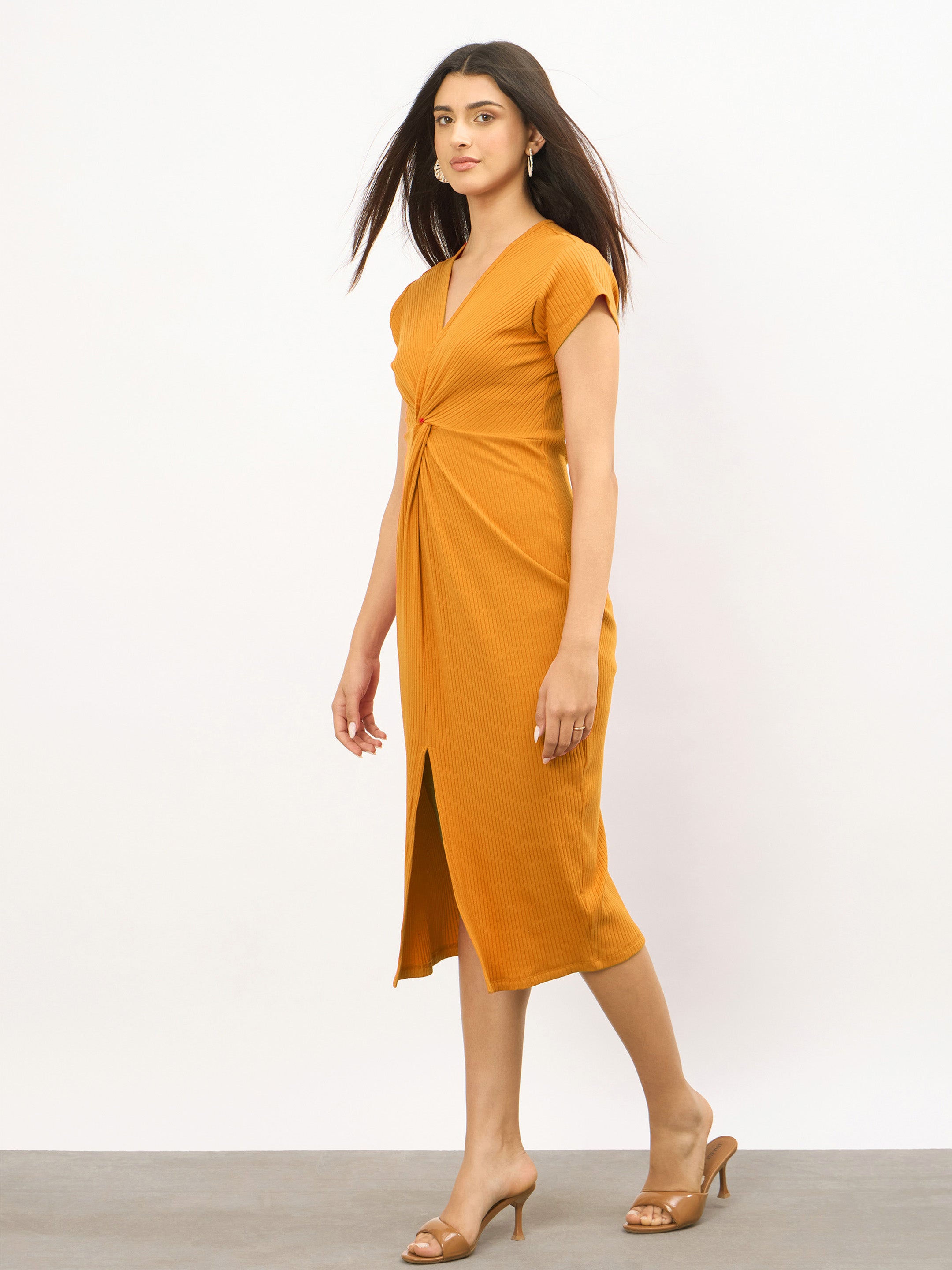 Women Mustard Rib Waist Twisted Bodycon Midi Dress