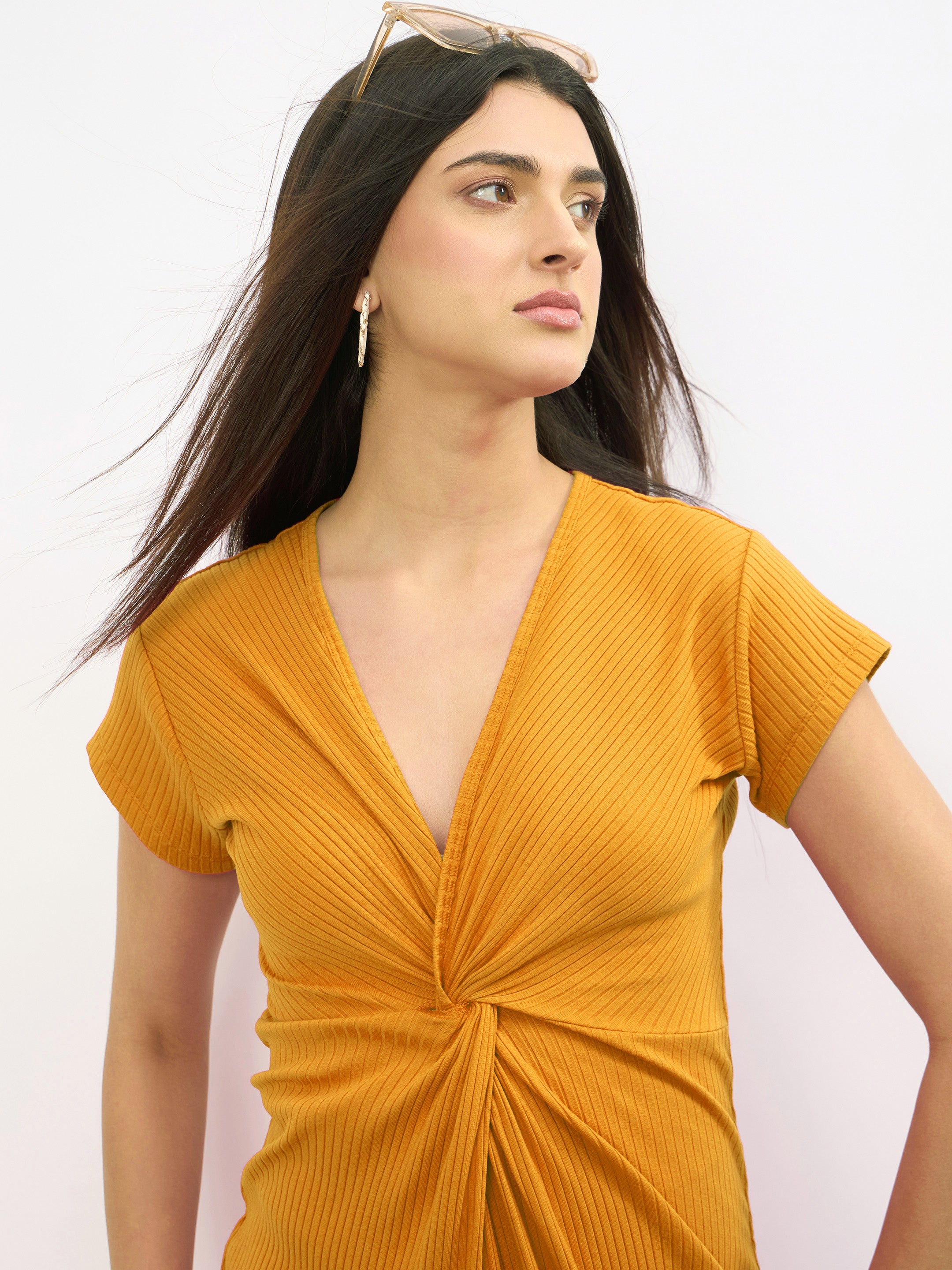 Women Mustard Rib Waist Twisted Bodycon Midi Dress