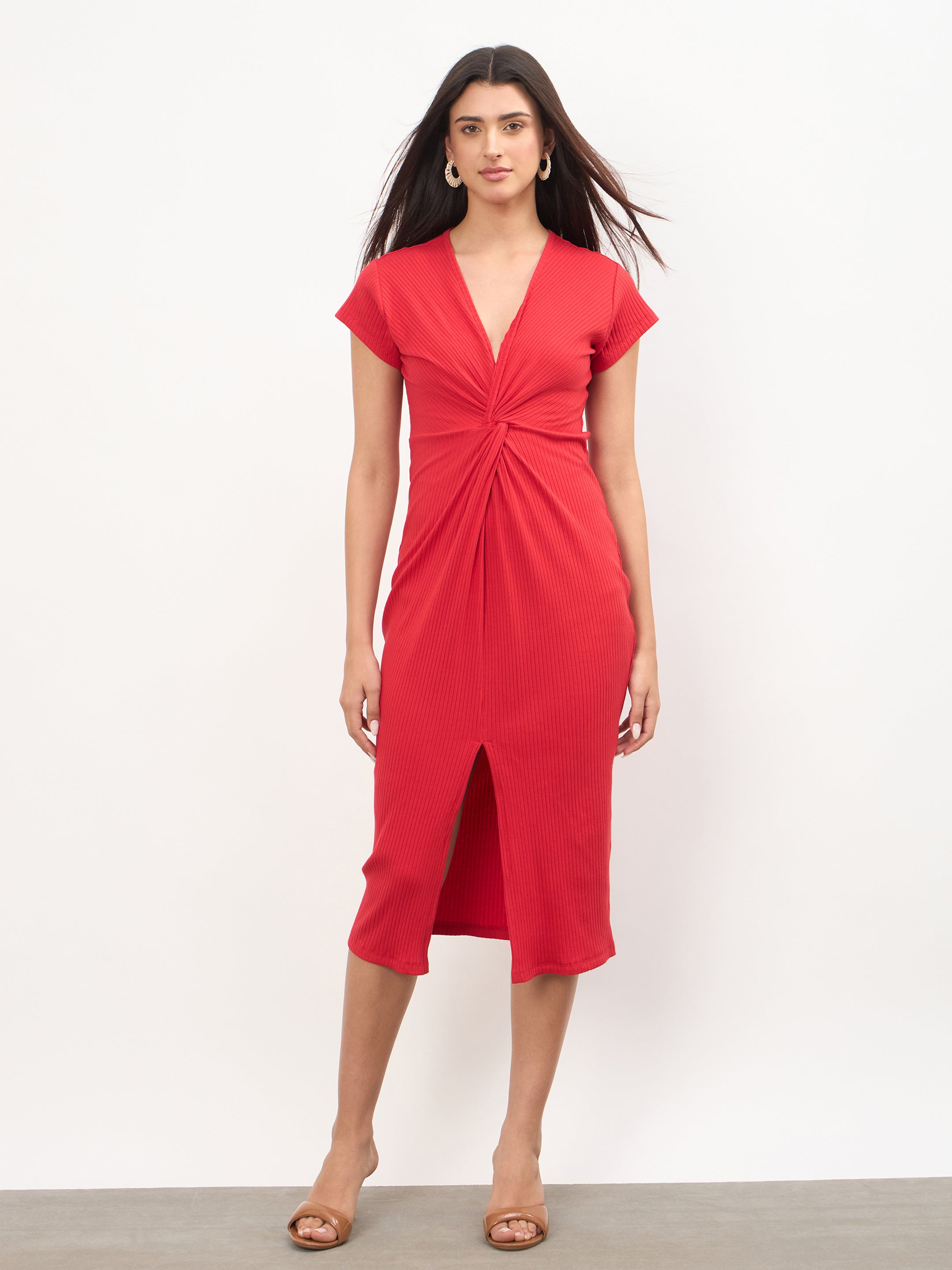 Women Red Rib Waist Twisted Bodycon Midi Dress