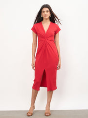 Women Red Rib Waist Twisted Bodycon Midi Dress