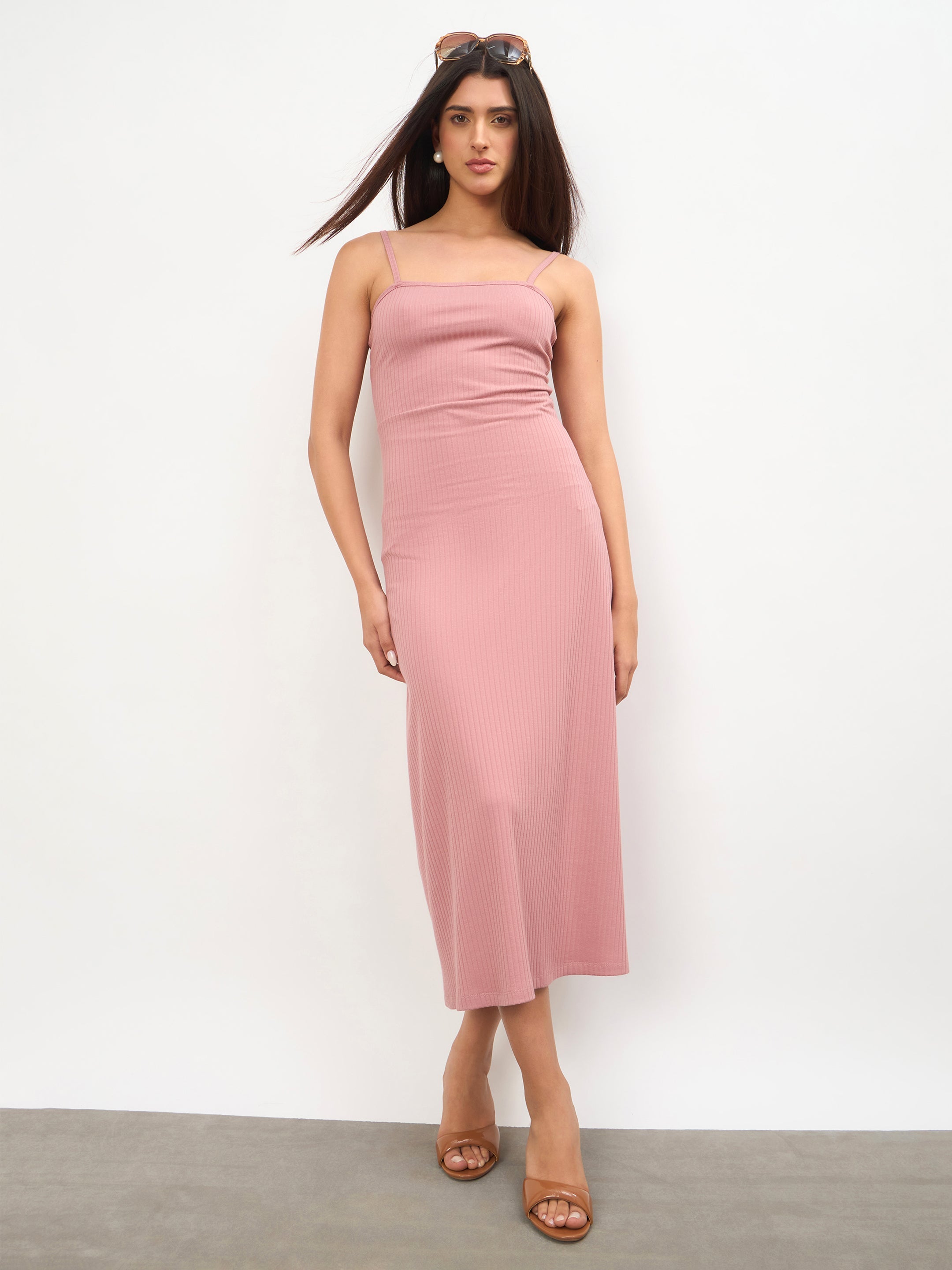 Women Pink Rib A-Line Strappy Midi Dress