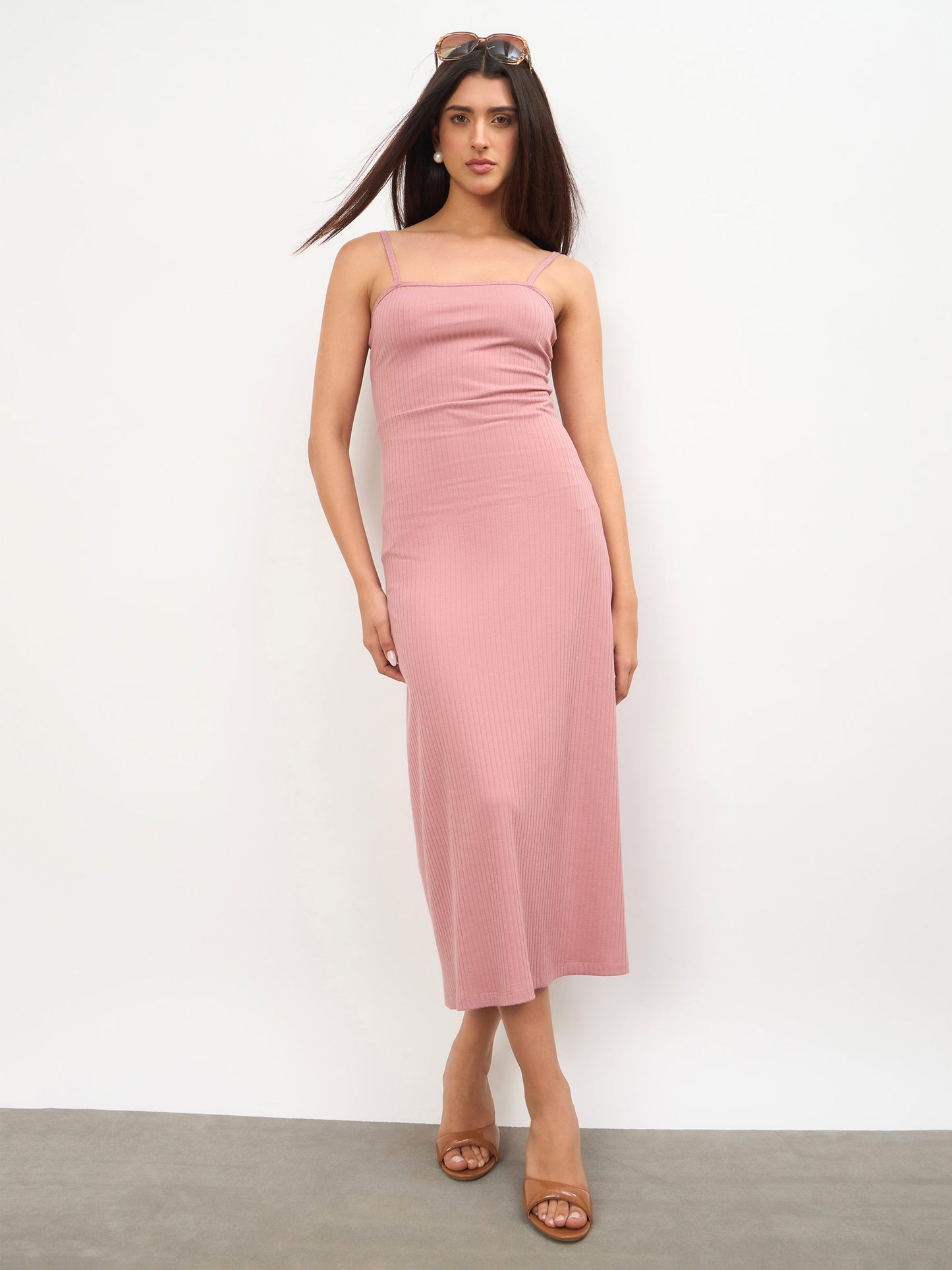Women Pink Rib A-Line Strappy Midi Dress