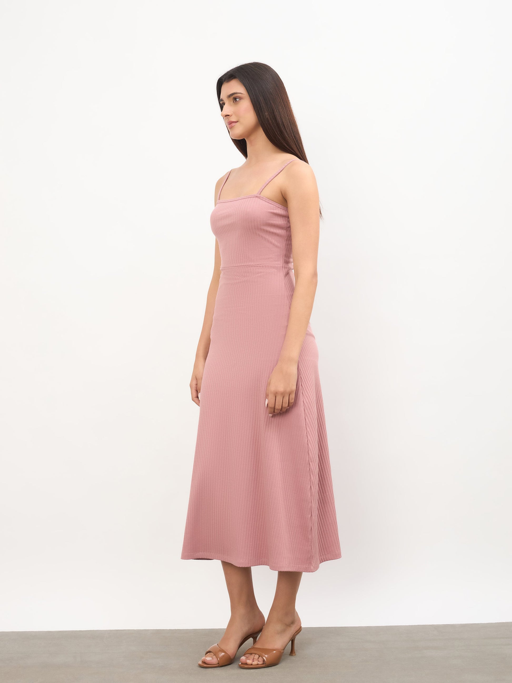 Women Pink Rib A-Line Strappy Midi Dress