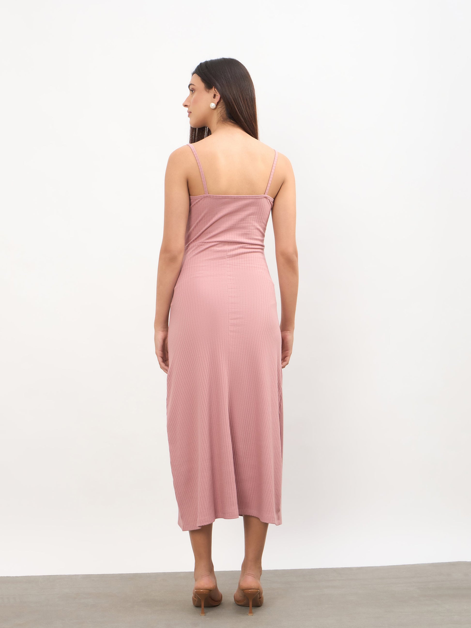 Women Pink Rib A-Line Strappy Midi Dress