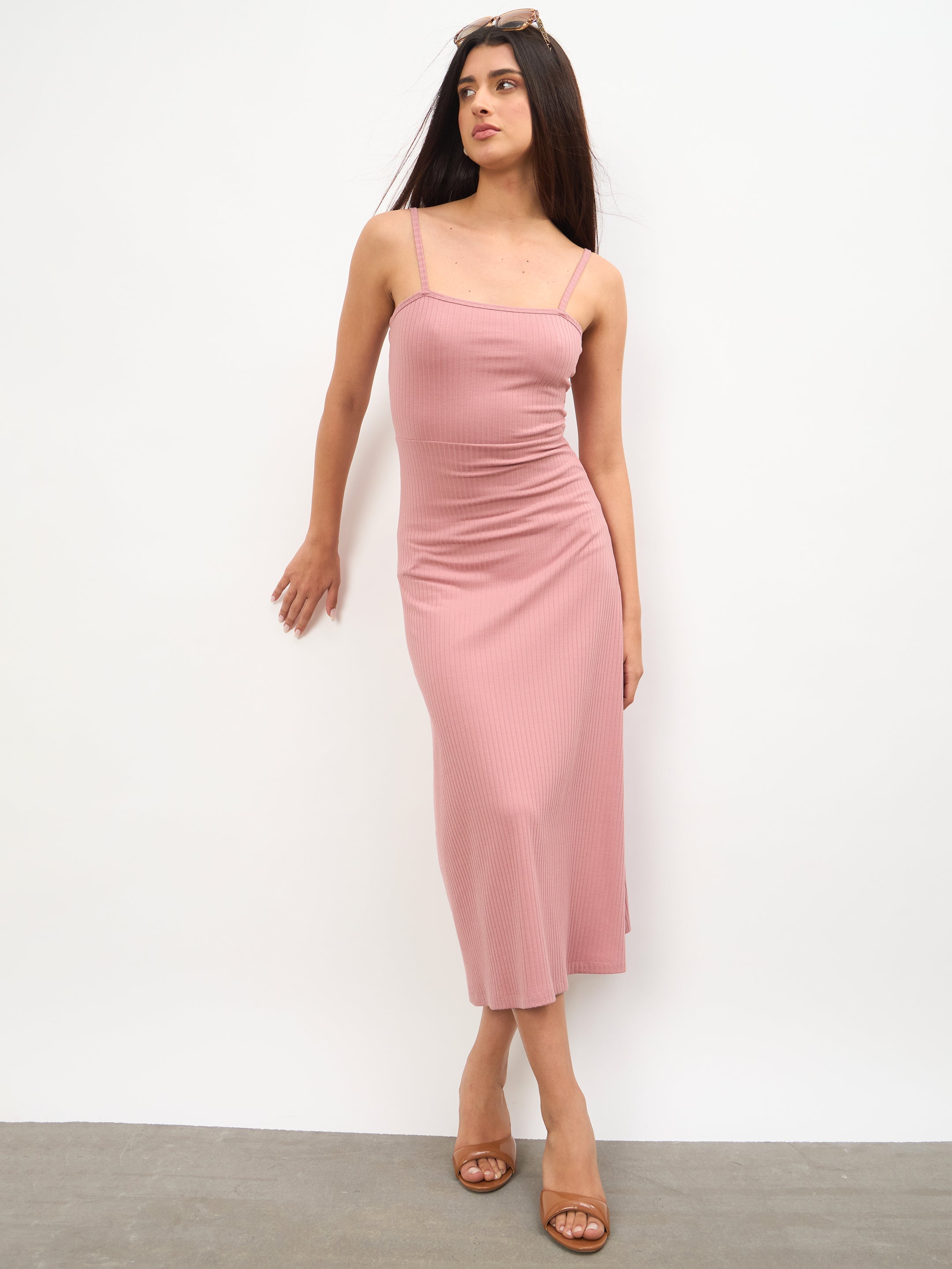 Women Pink Rib A-Line Strappy Midi Dress