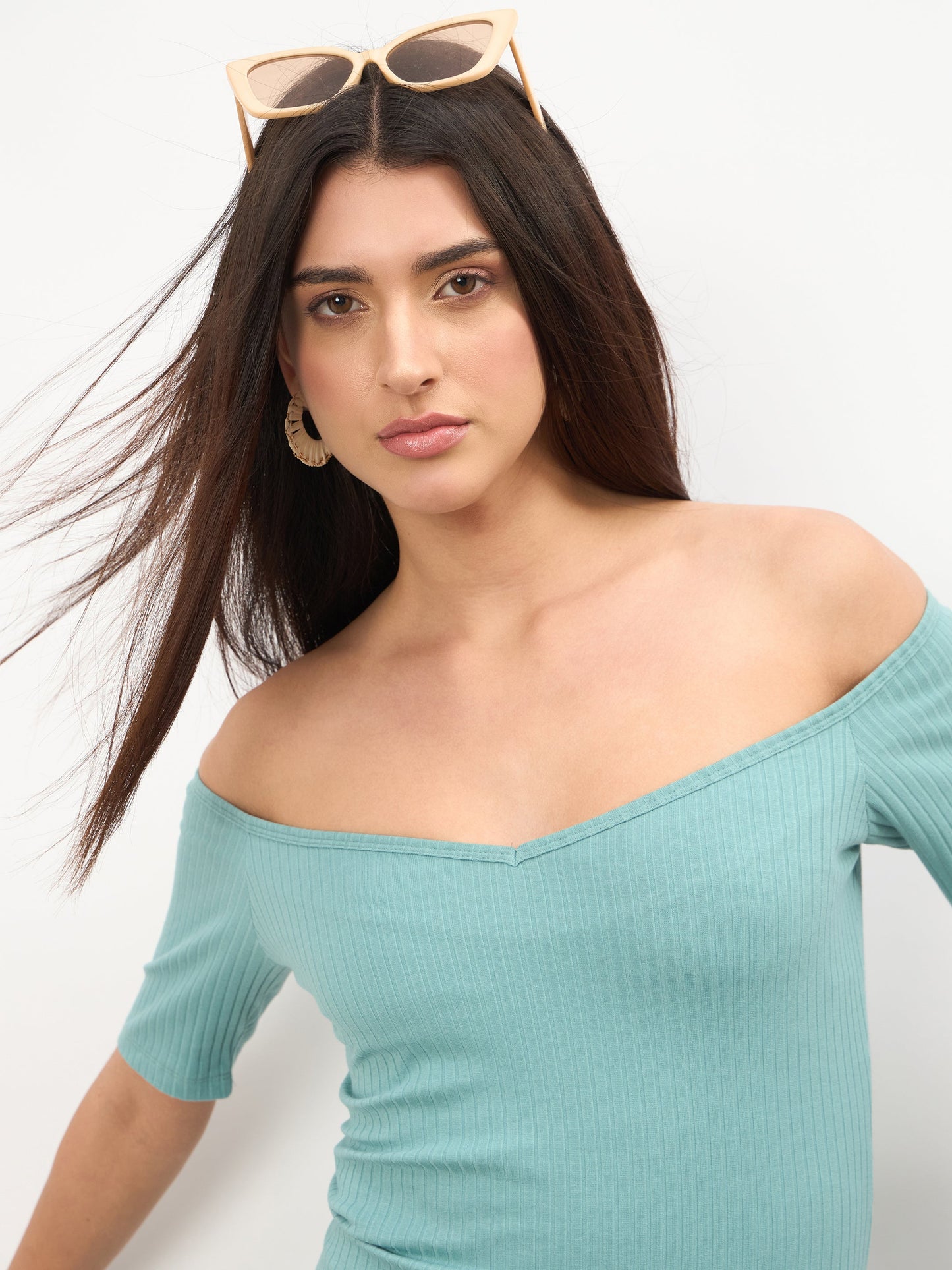 Women Sea Green Rib Off-Shoulder Bodycon Midi Dress