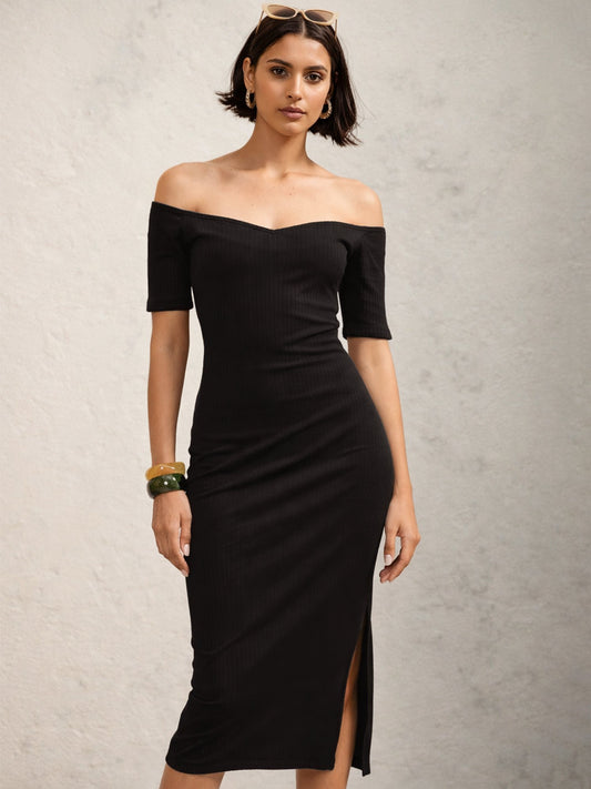 Women Black Rib Off-Shoulder Bodycon Midi Dress