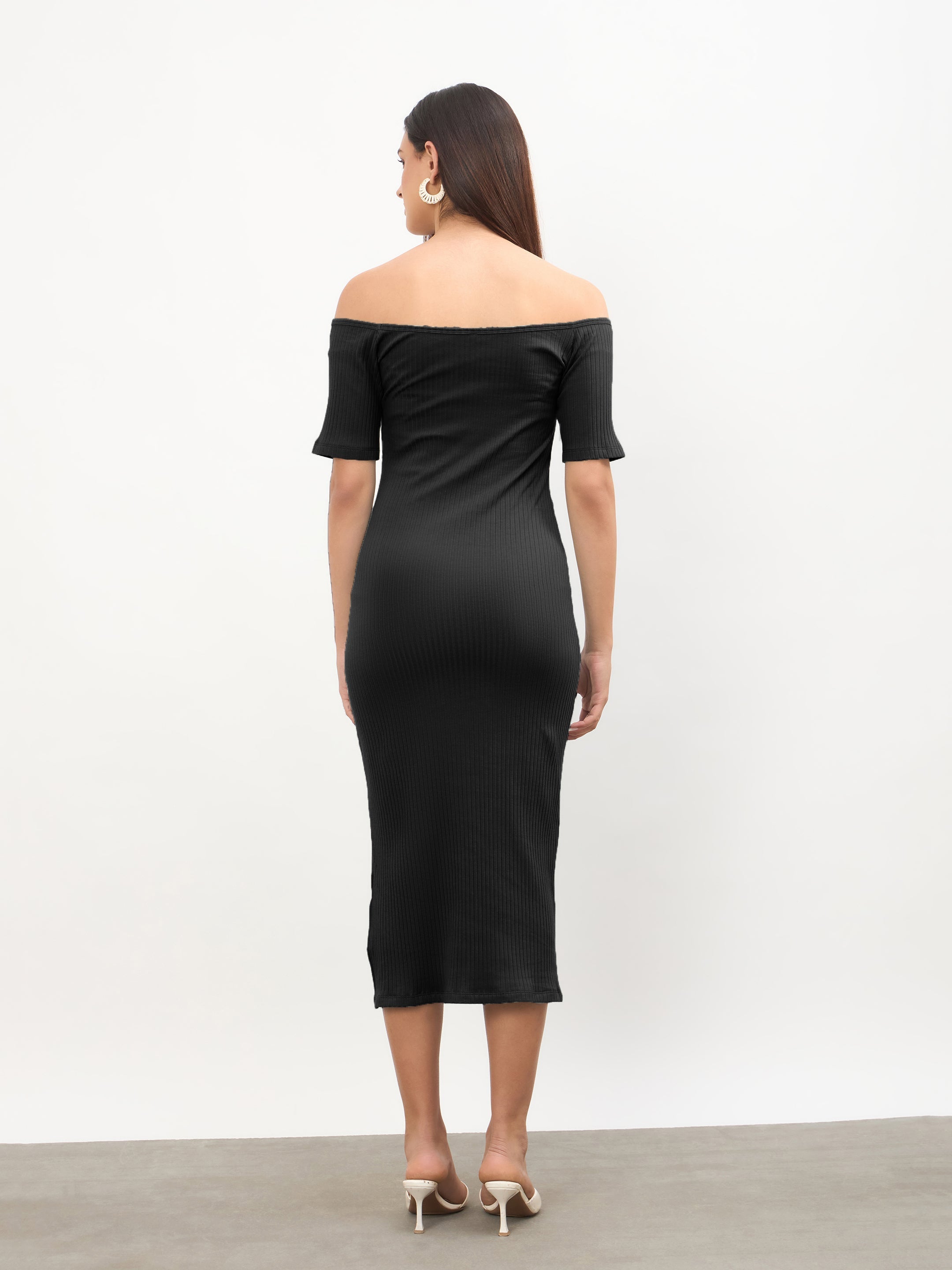 Women Black Rib Off-Shoulder Bodycon Midi Dress
