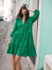 Women Green Schiffli Short Mandarin Collar Dress