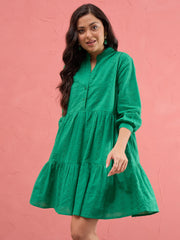 Women Green Schiffli Short Mandarin Collar Dress