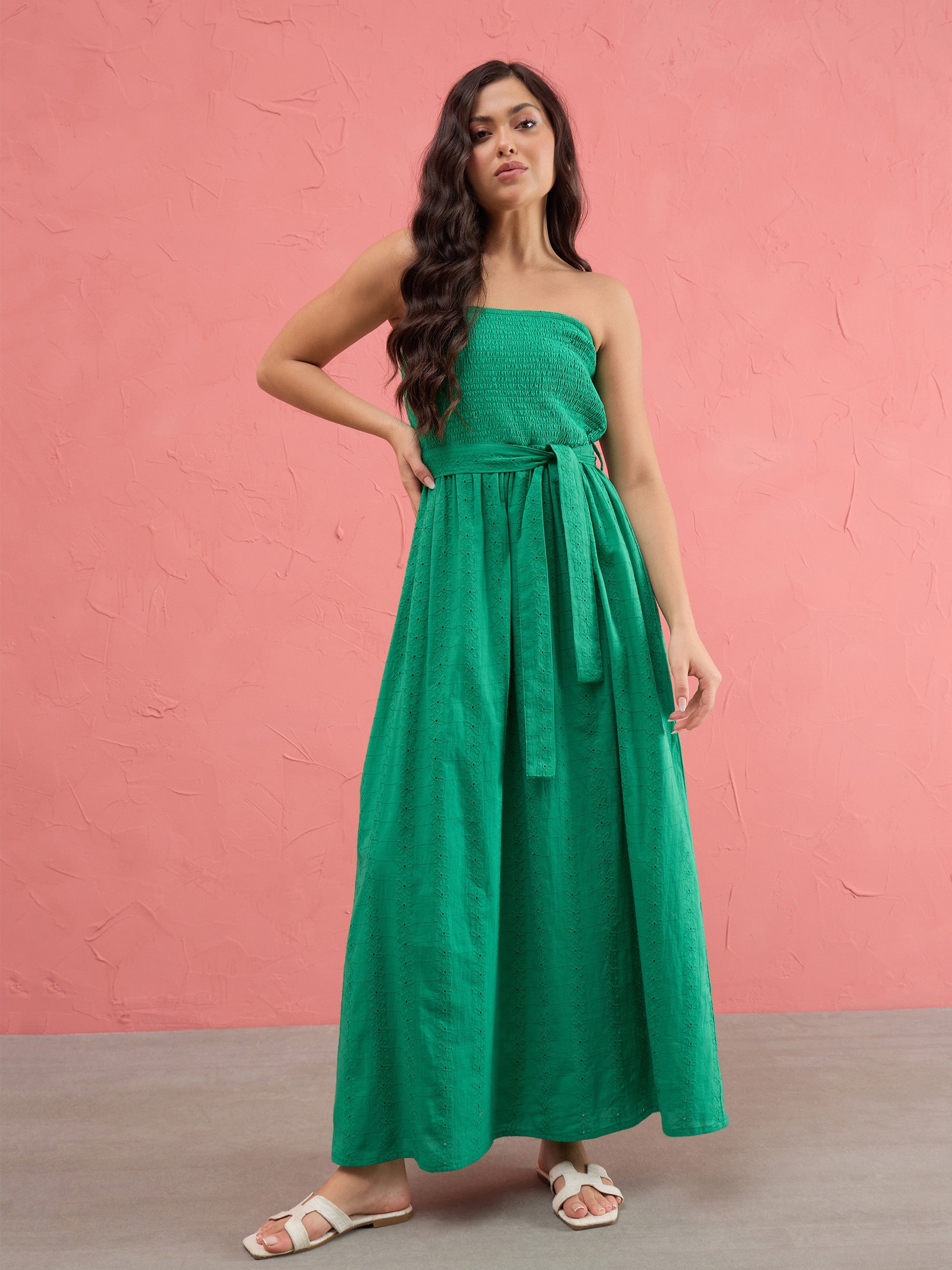 Women Green Schiffli Smocking Detail Midi Dress