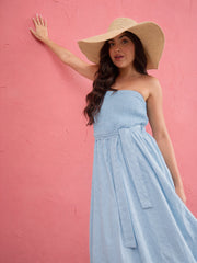 Women Blue Schiffli Smocking Detail Midi Dress