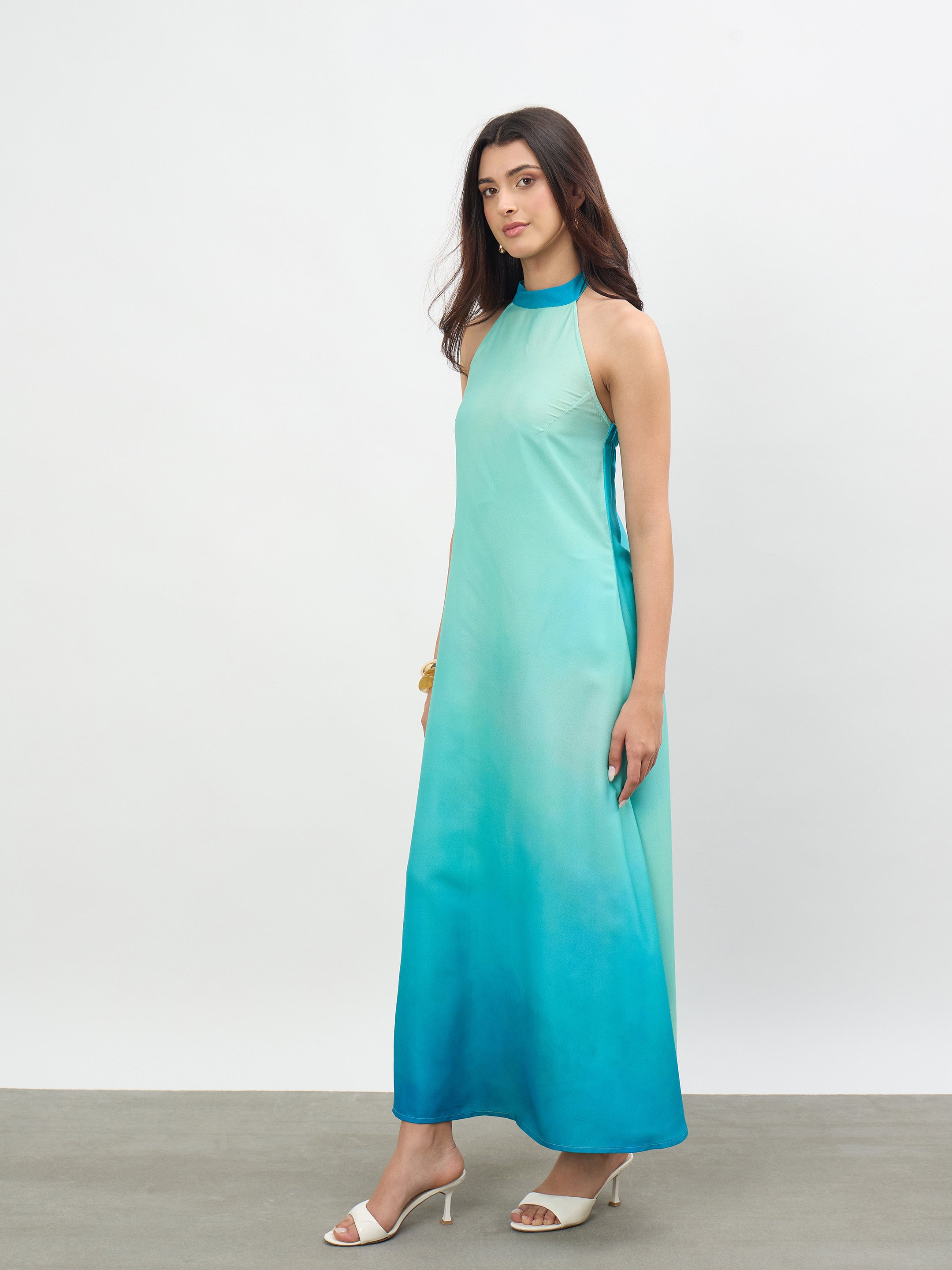 Women Sea Green Ombree Halter Neck Maxi Dress