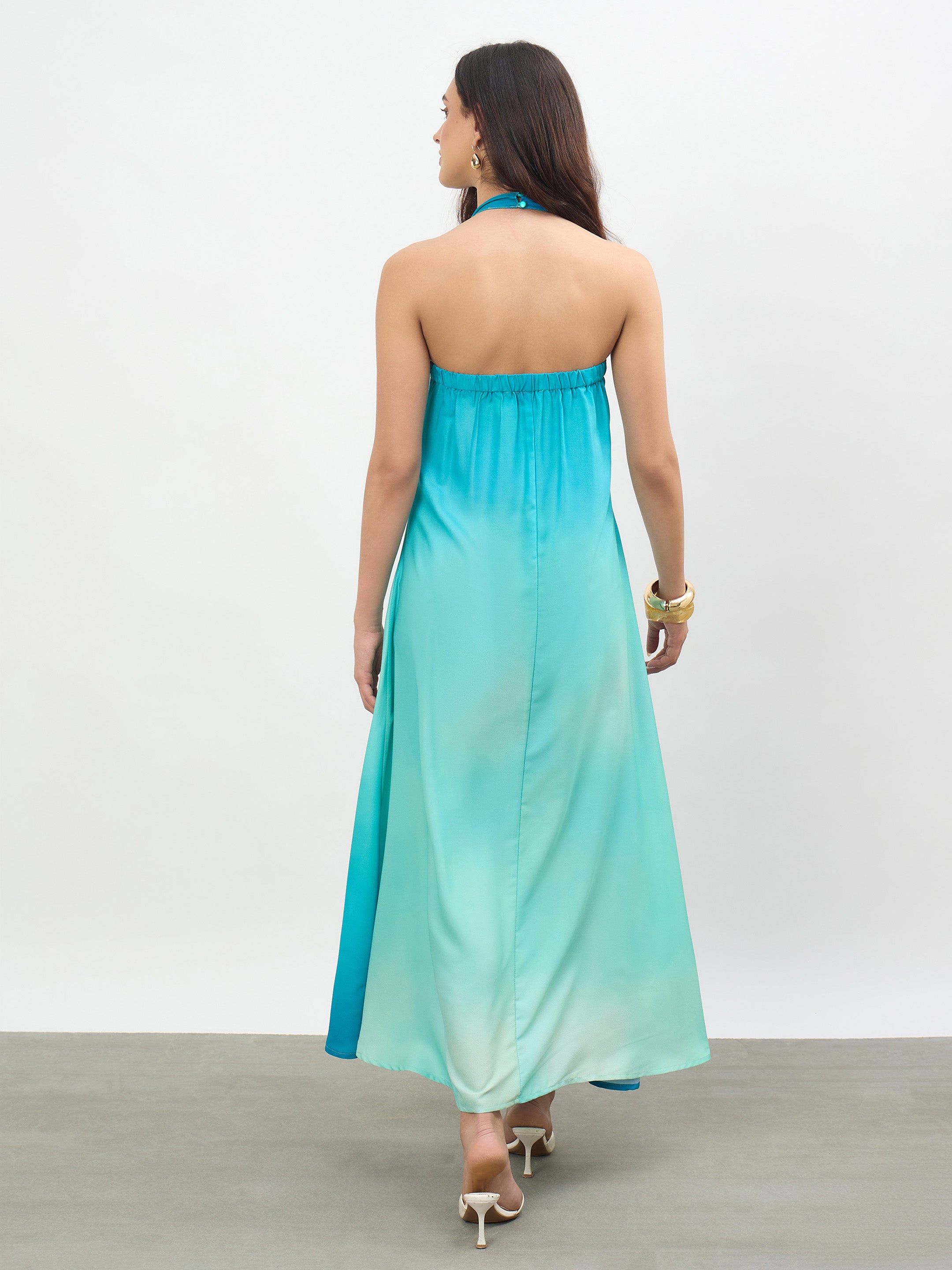Women Sea Green Ombree Halter Neck Maxi Dress