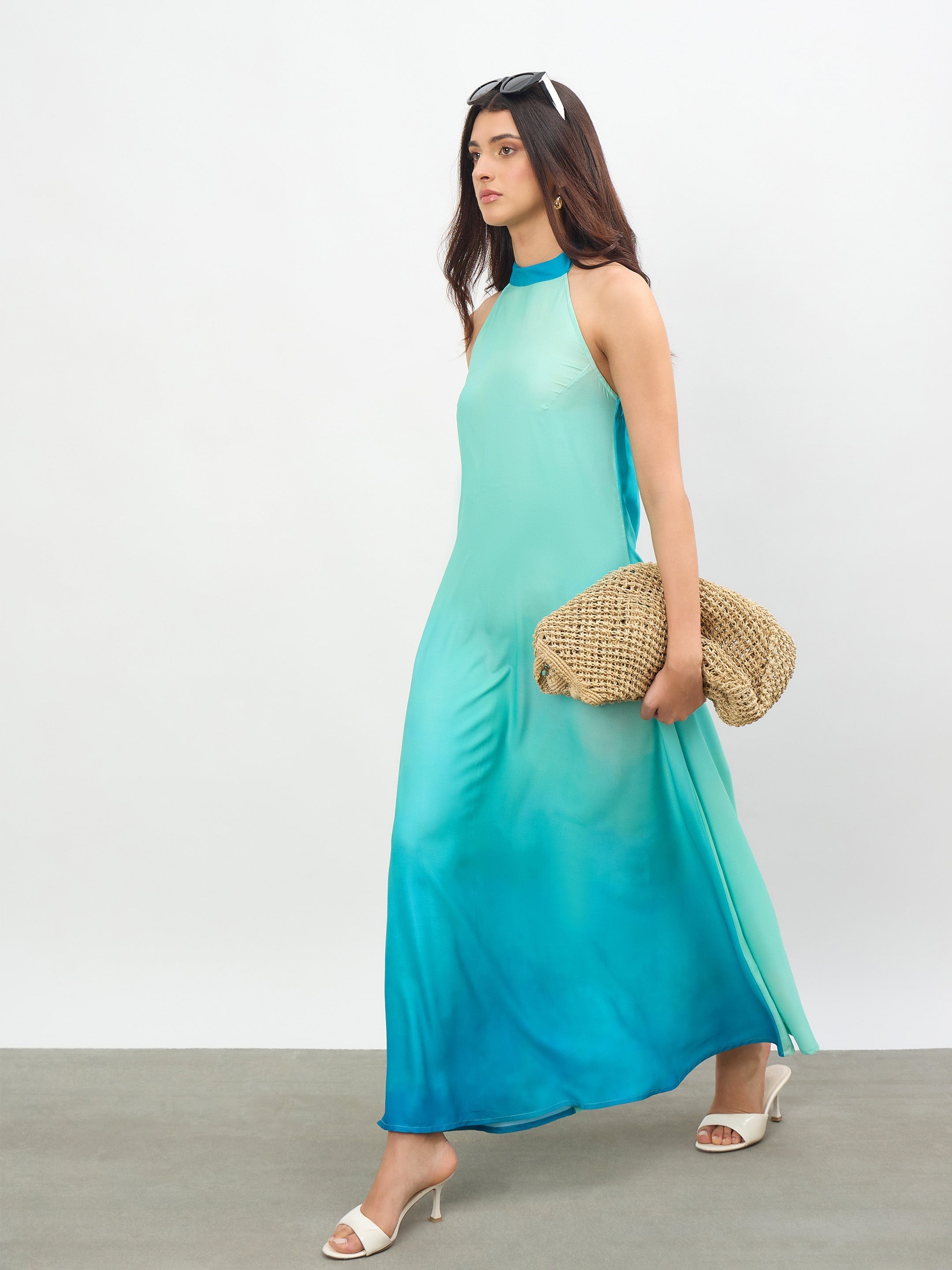 Women Sea Green Ombree Halter Neck Maxi Dress