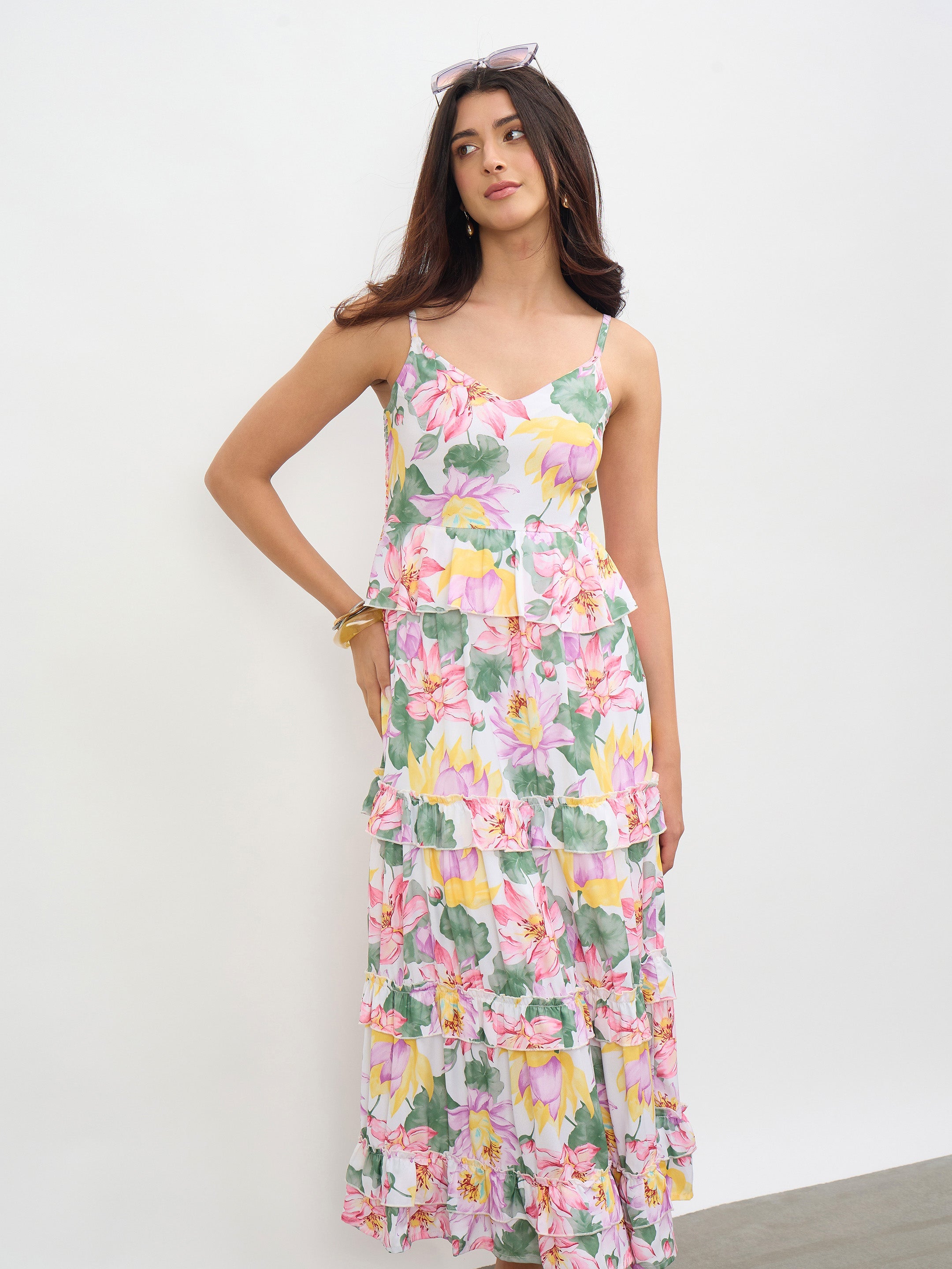 Women White Multi Floral Strappy Tiered Midi Dress