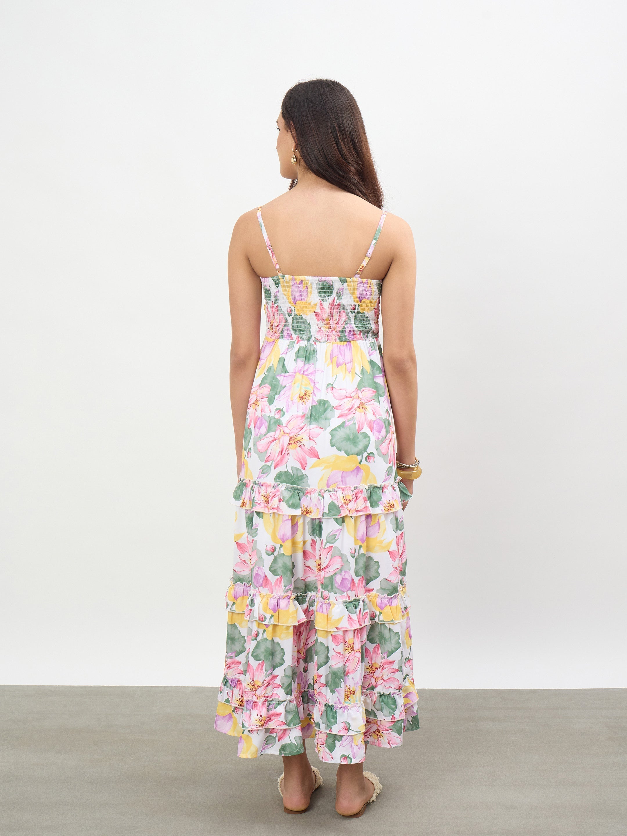 Women White Multi Floral Strappy Tiered Midi Dress
