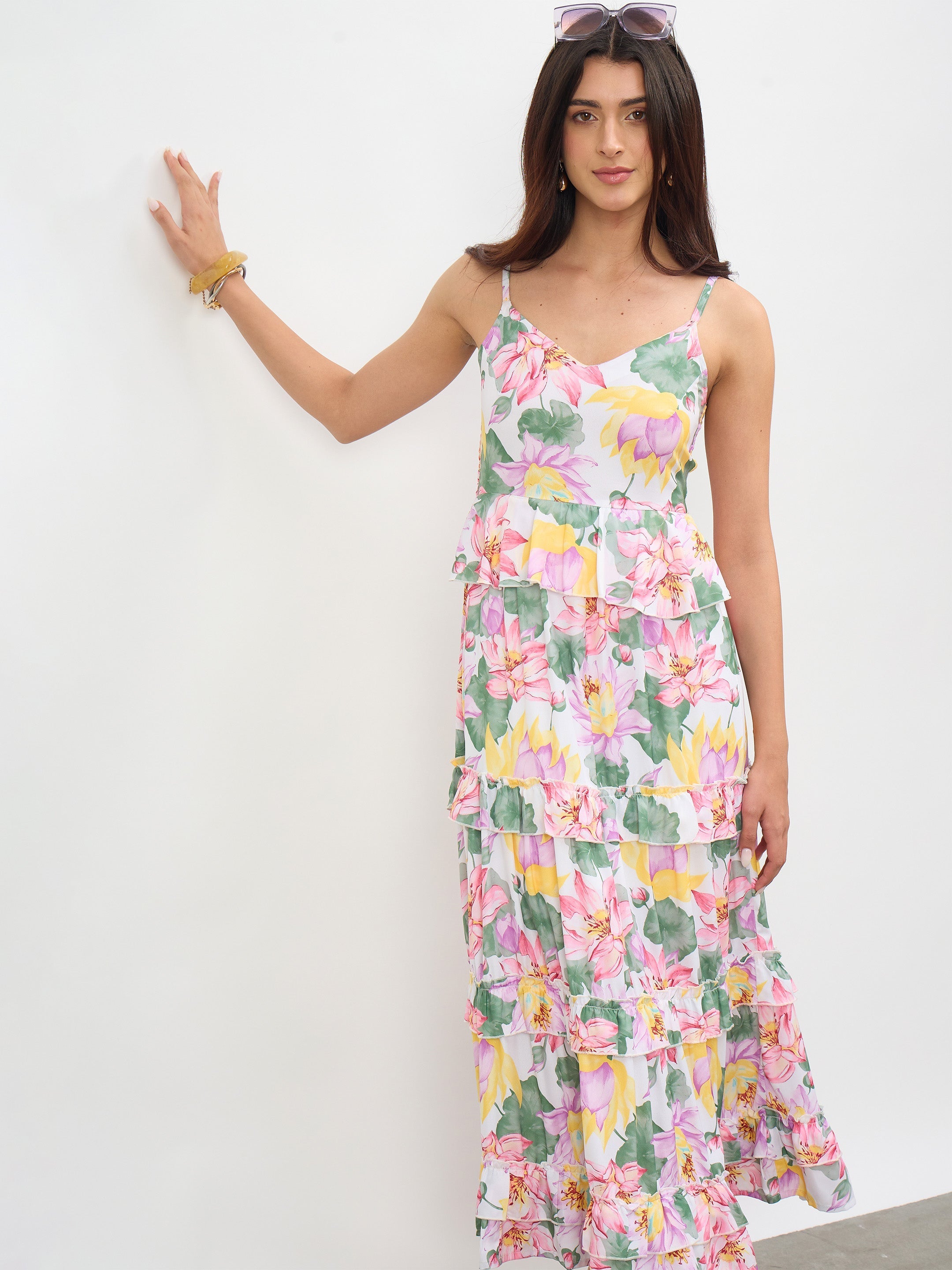 Women White Multi Floral Strappy Tiered Midi Dress