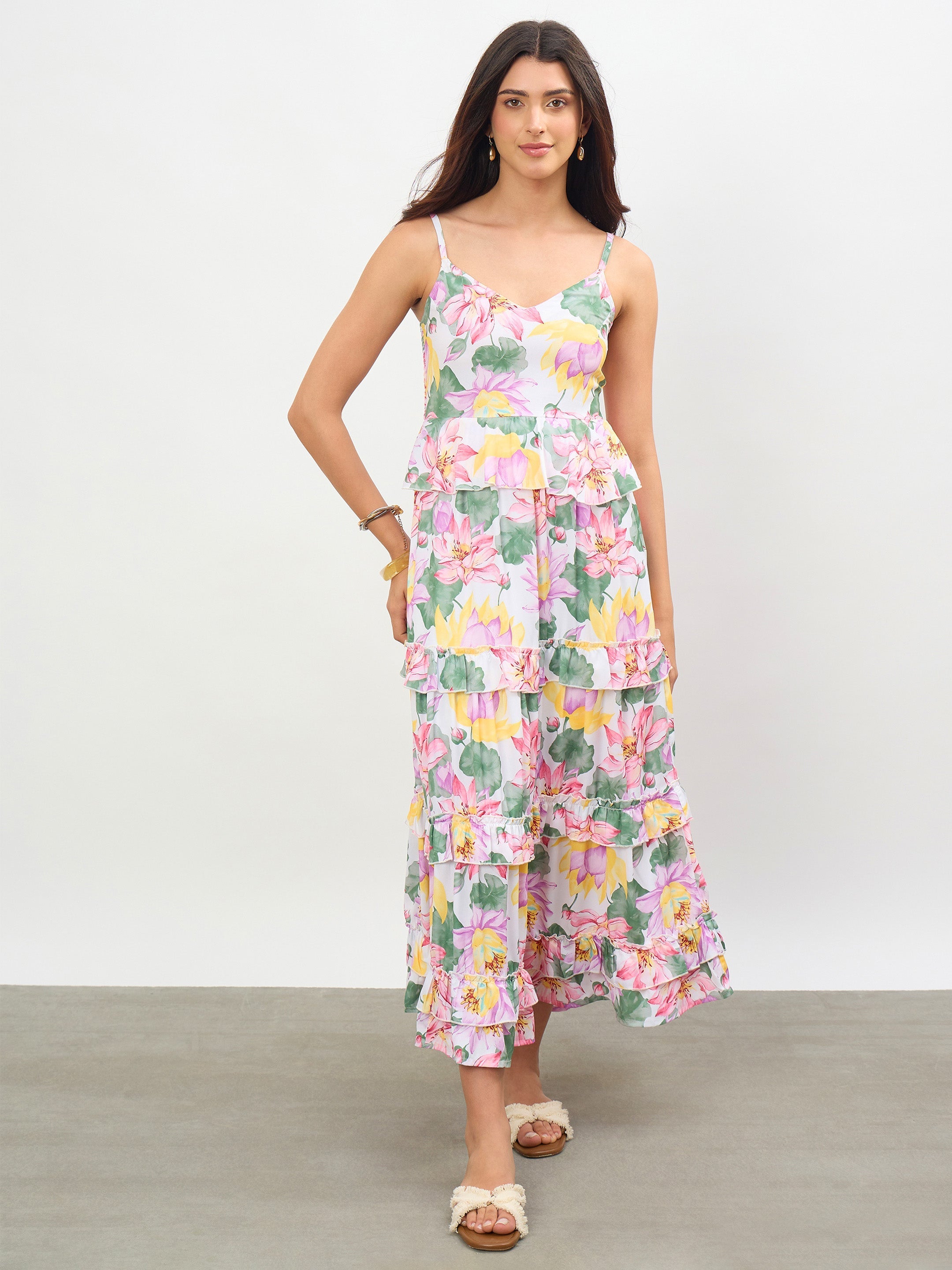 Women White Multi Floral Strappy Tiered Midi Dress