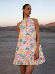 Women White Multi Floral Halter Neck A-Line Short Dress