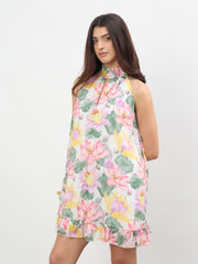 Women White Multi Floral Halter Neck A-Line Short Dress