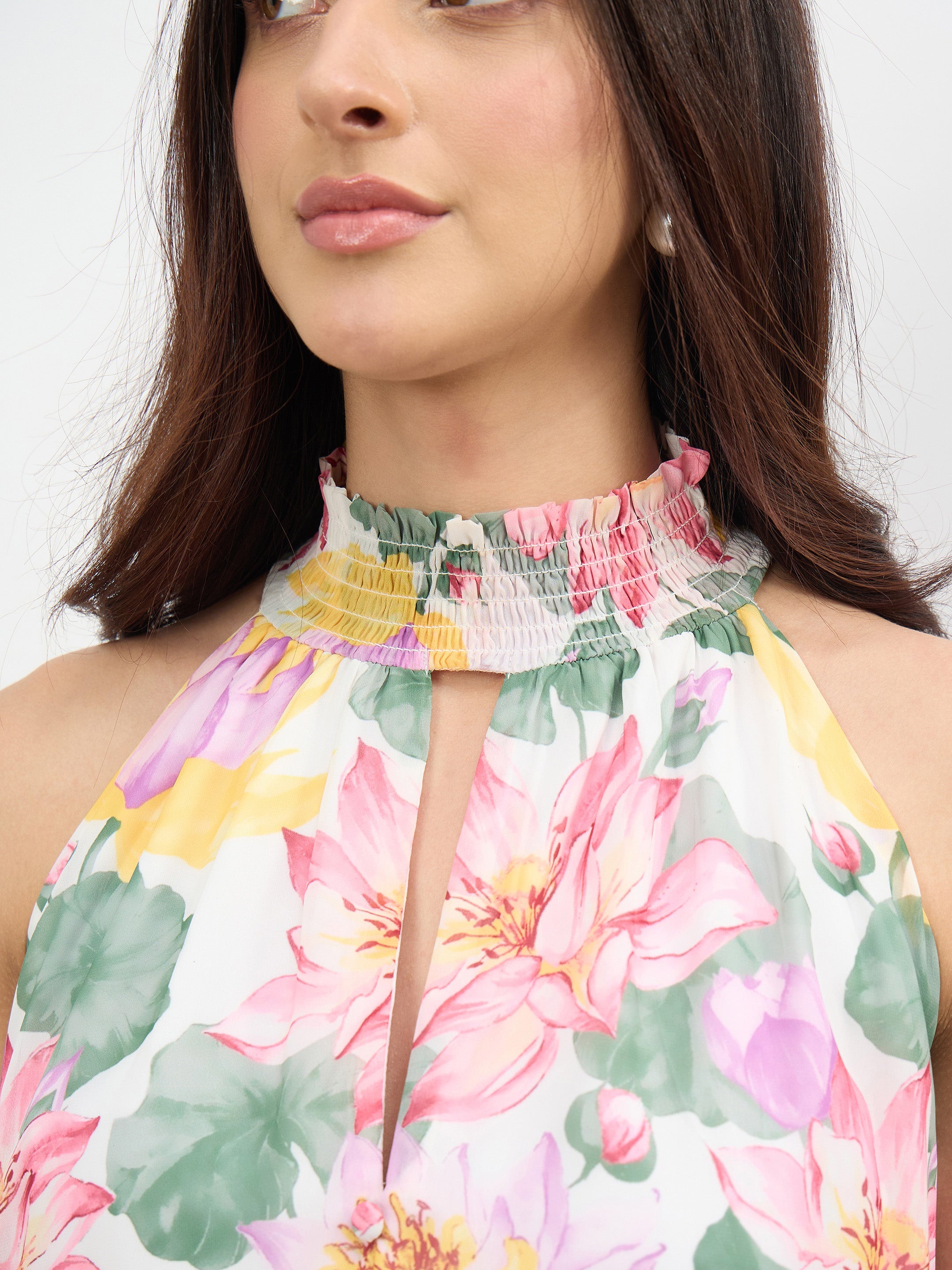 Women White Multi Floral Halter Neck A-Line Short Dress