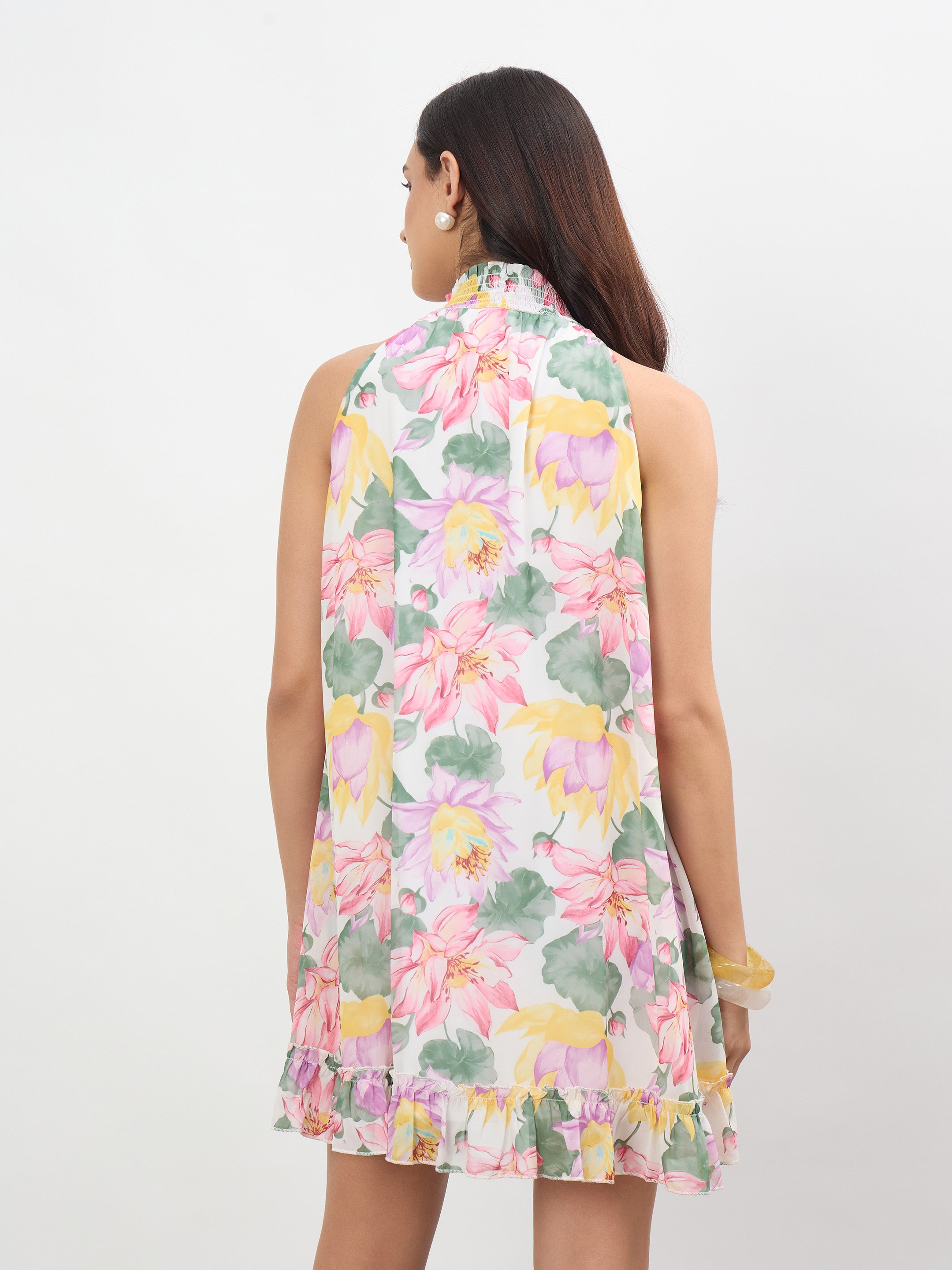 Women White Multi Floral Halter Neck A-Line Short Dress