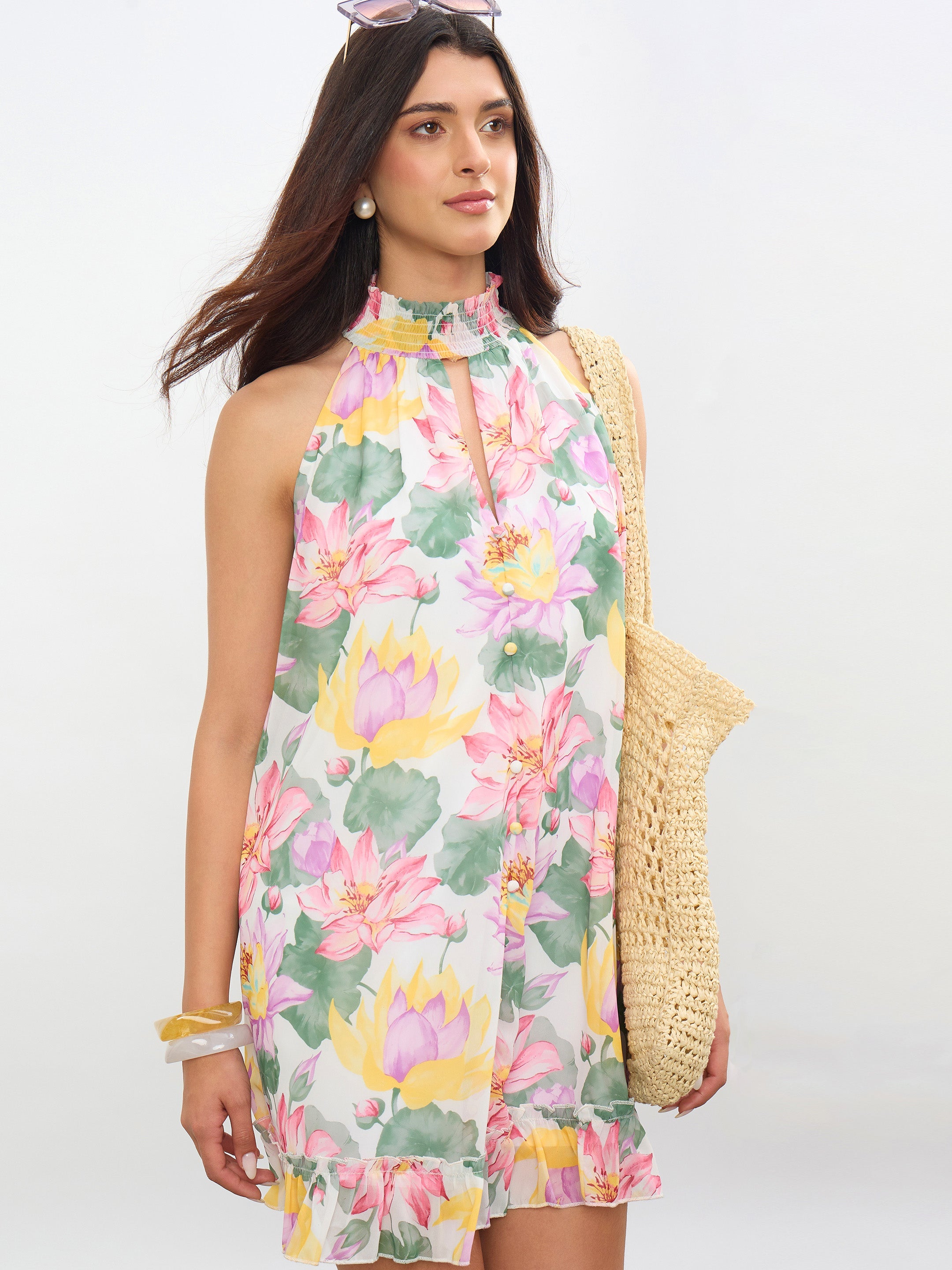 Women White Multi Floral Halter Neck A-Line Short Dress