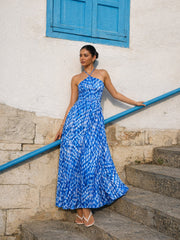 Women Navy Tie-dye Back Tie Halter Neck Maxi Dress