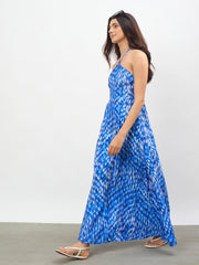 Women Navy Tie-dye Back Tie Halter Neck Maxi Dress