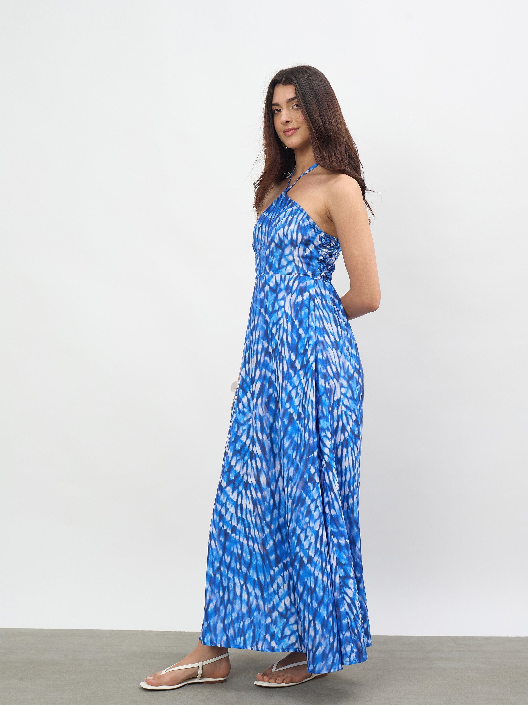 Women Navy Tie-dye Back Tie Halter Neck Maxi Dress