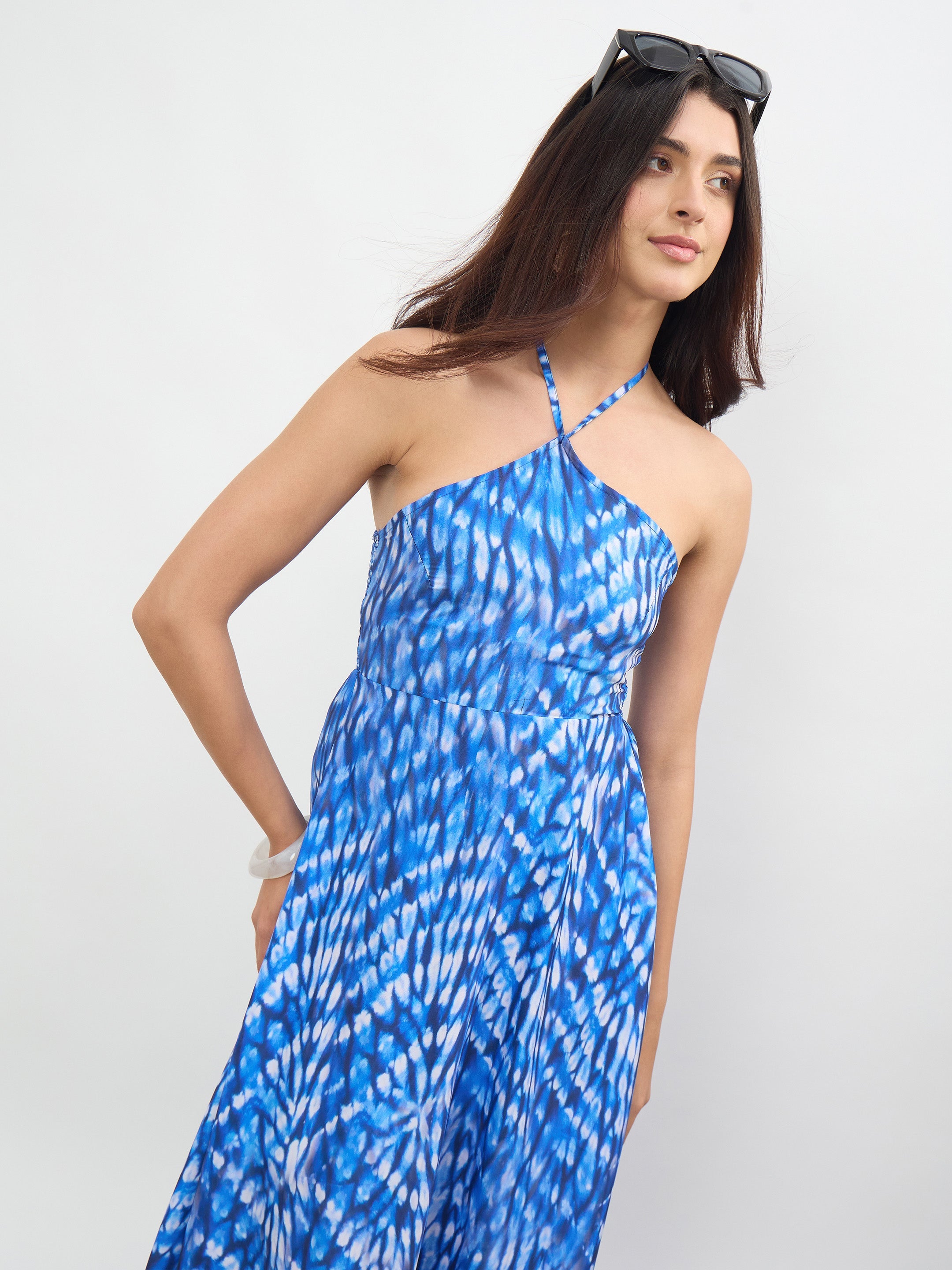 Women Navy Tie-dye Back Tie Halter Neck Maxi Dress