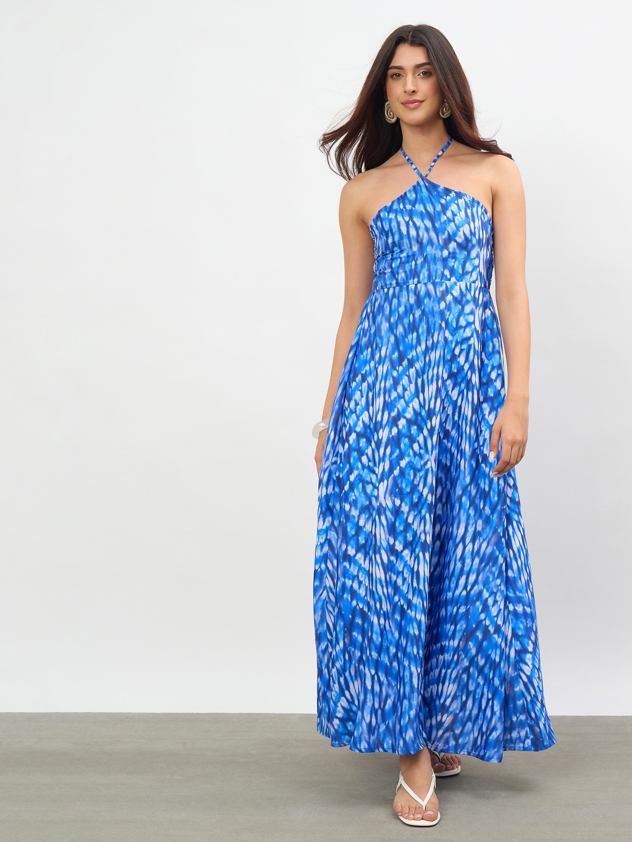 Women Navy Tie-dye Back Tie Halter Neck Maxi Dress