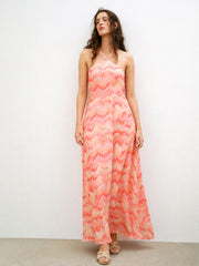 Women Orange Ikkat Back Tie Halter Neck Maxi Dress
