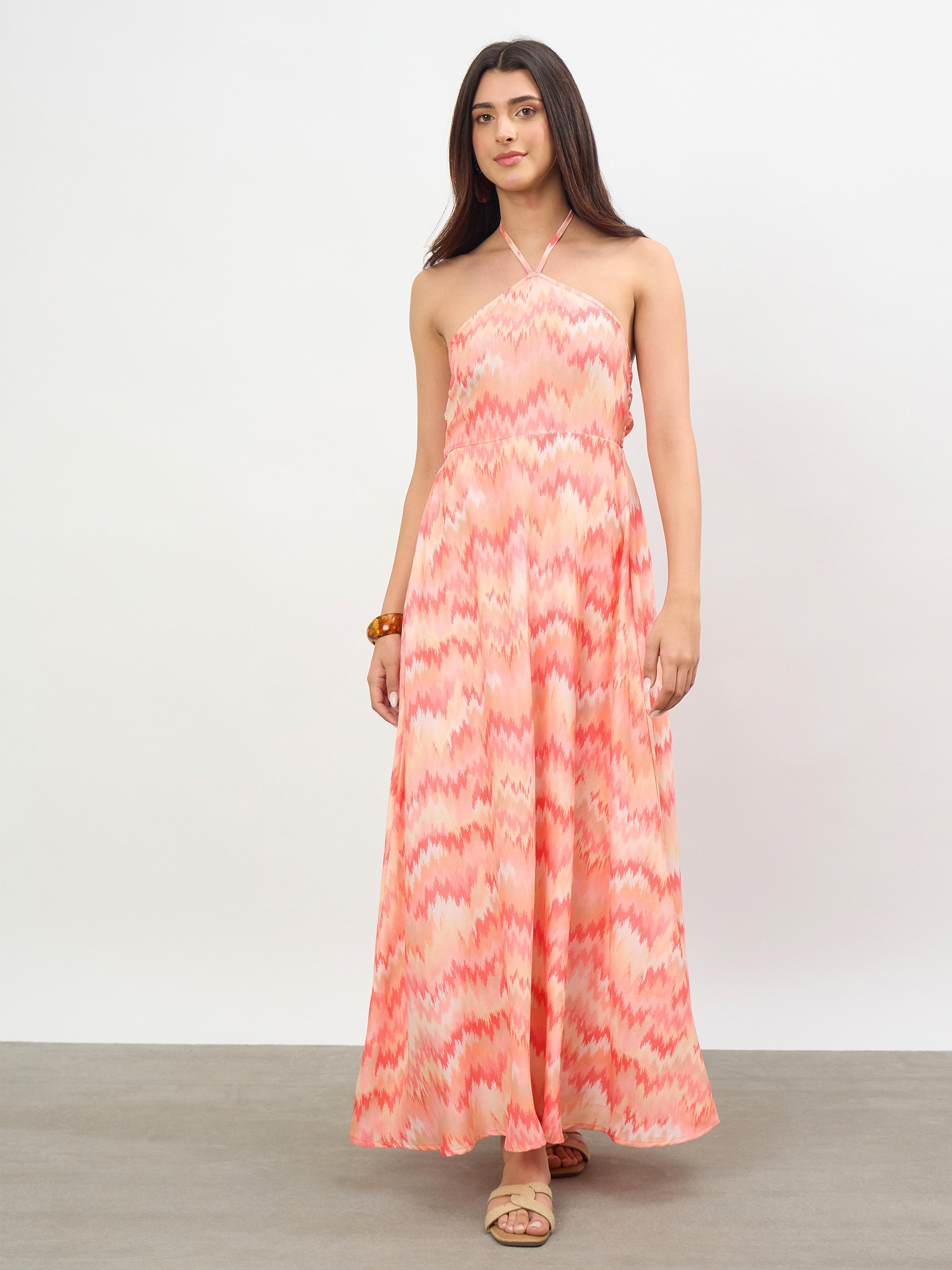 Women Orange Ikkat Back Tie Halter Neck Maxi Dress
