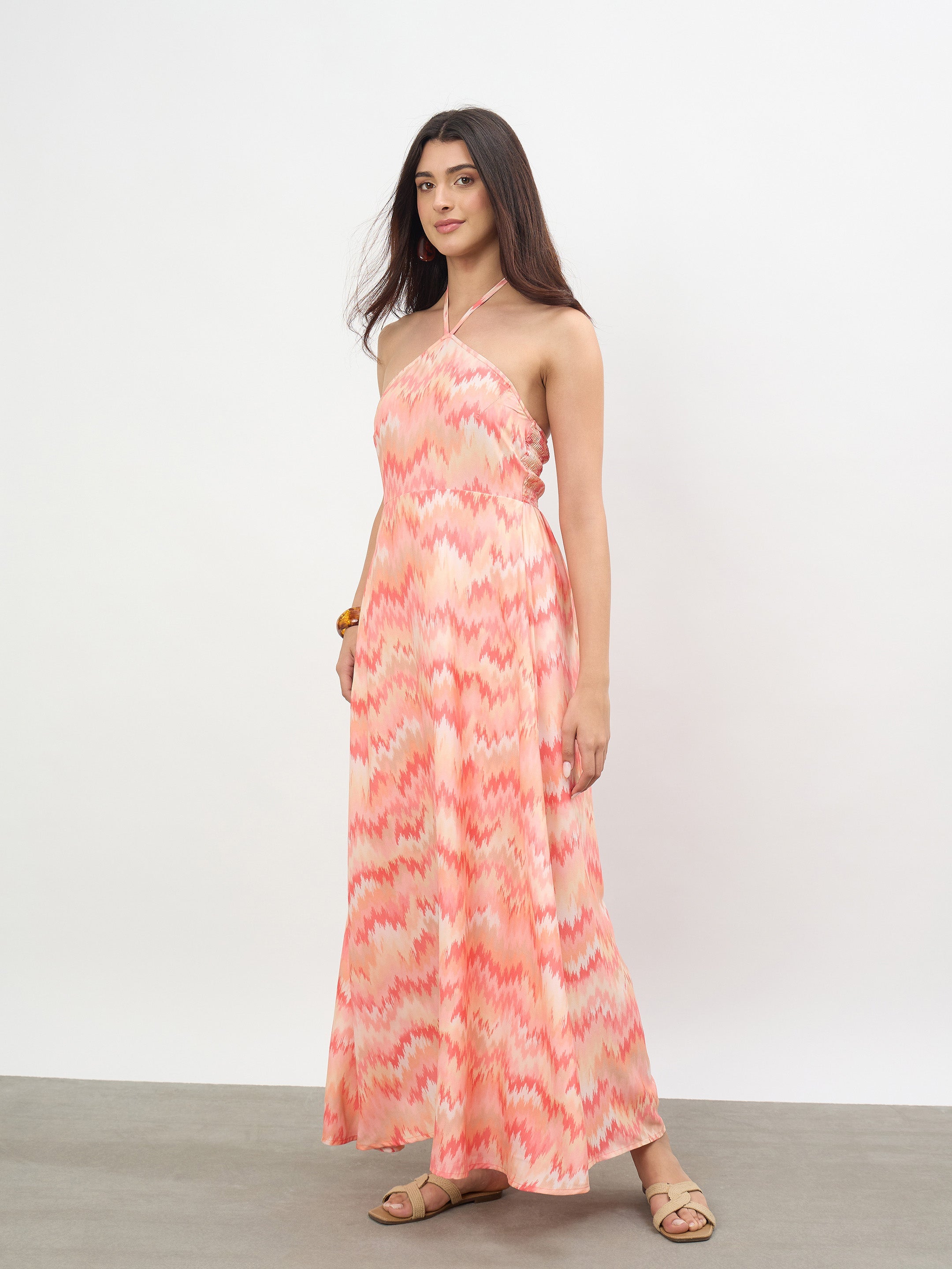 Women Orange Ikkat Back Tie Halter Neck Maxi Dress