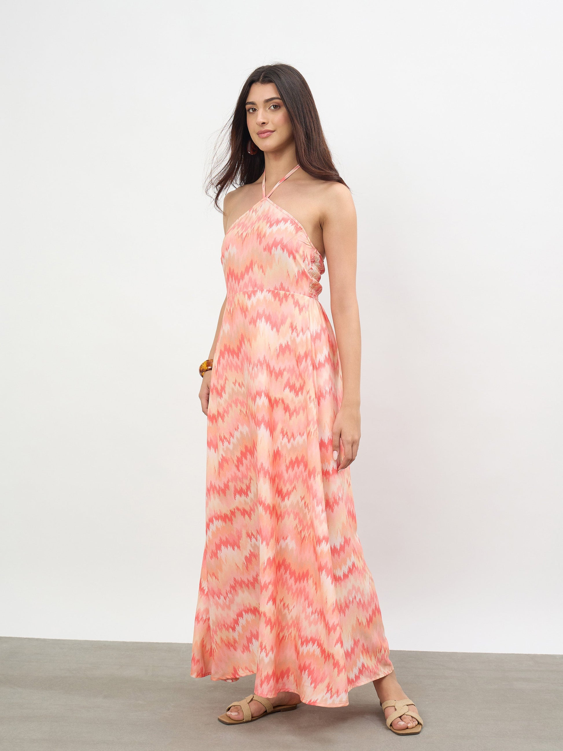 Women Orange Ikkat Back Tie Halter Neck Maxi Dress