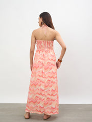 Women Orange Ikkat Back Tie Halter Neck Maxi Dress