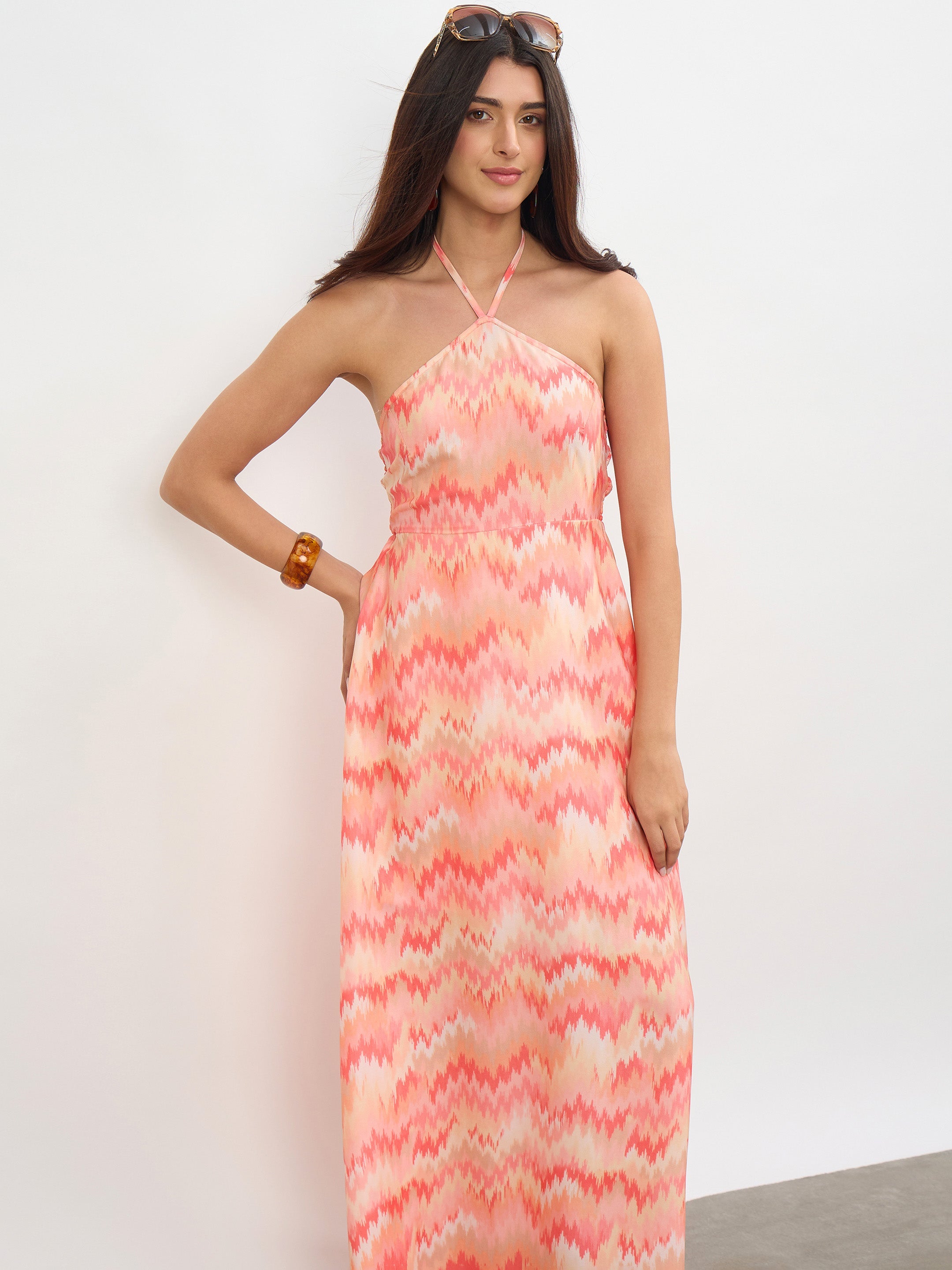 Women Orange Ikkat Back Tie Halter Neck Maxi Dress